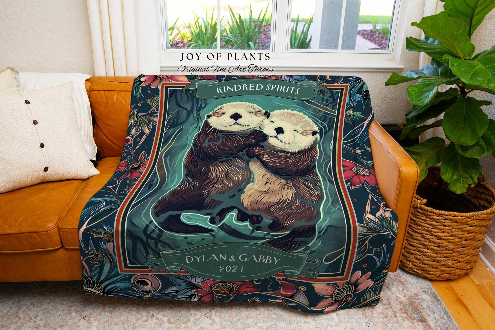 Otterly in Love Cute Couple Custom Gift | Boho Whimsical Wedding Anniversary Throw Blanket Personalized Saying Interlocking Otters Tapestry