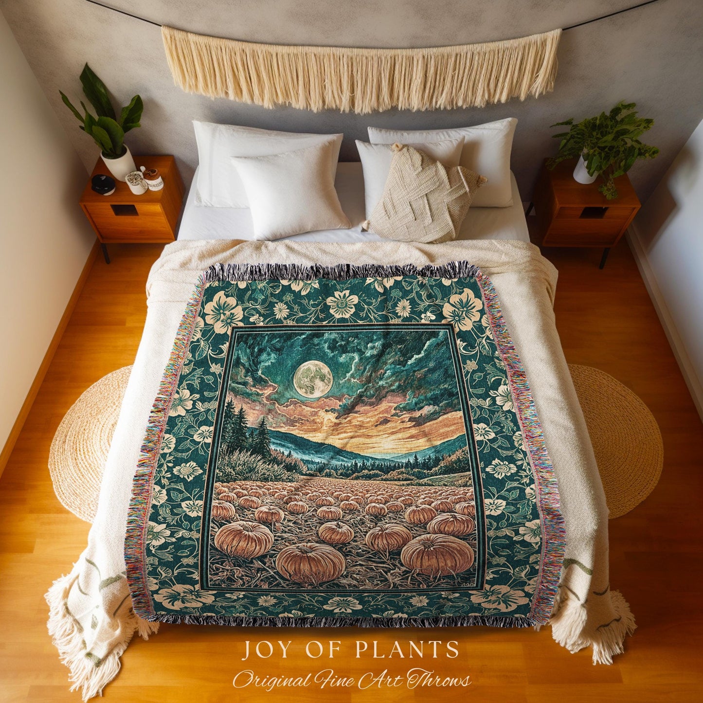 Colorful Ethereal Pumpkin Cozy Fall Blanket | Spooky Season Gothiccore Whimsigoth Decor Autumn Aesthetic Rustic Academia Tapestry Full Moon