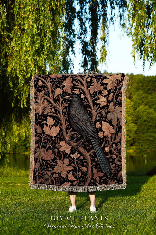 Rustic Autumn Farmhouse Vintage Aesthetic Dark Botanical Crow Tapestry Blanket | Witch Cottagecore Raven Throw Gothic Woodland Fall Foliage