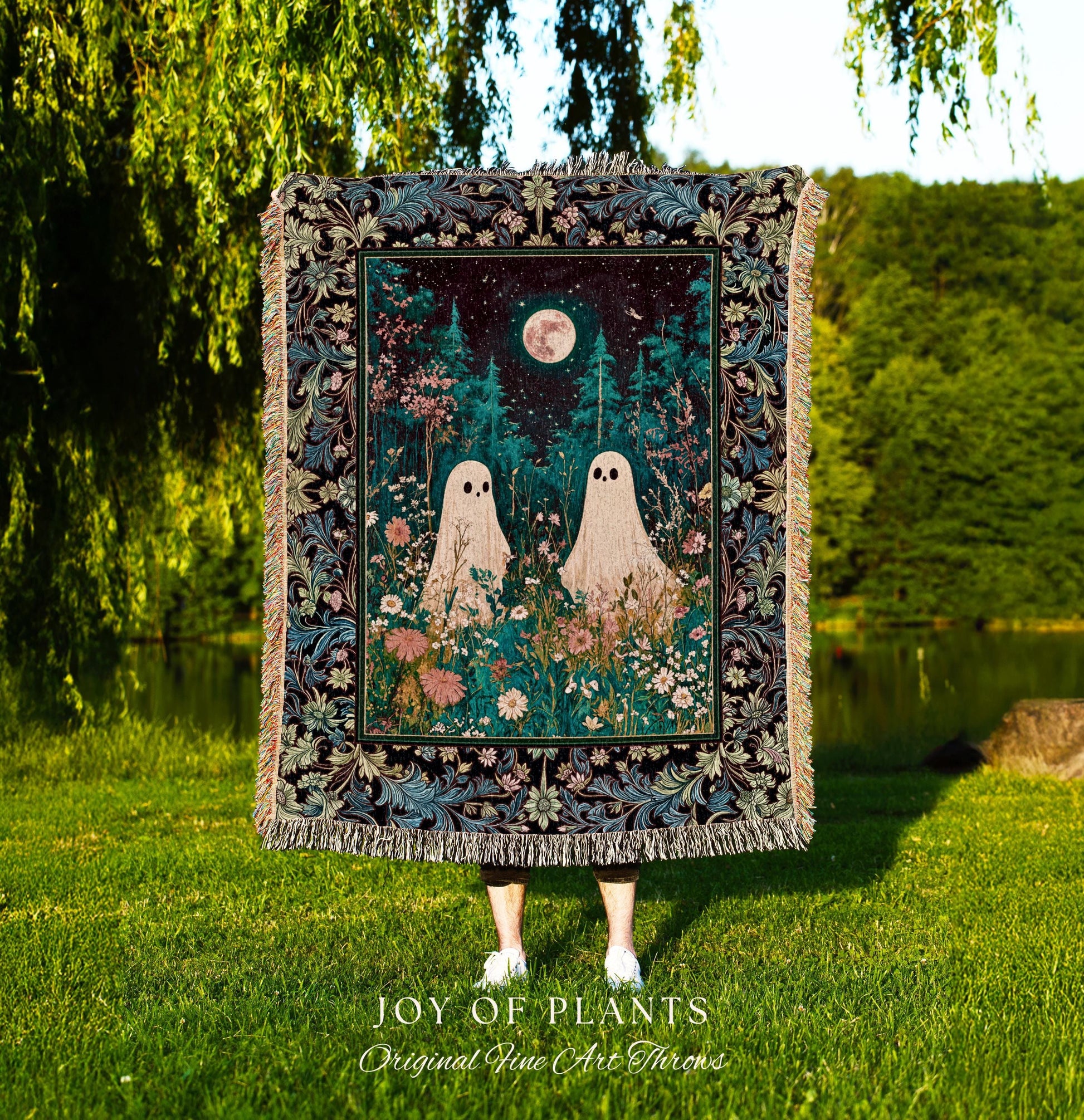 Eclectic Moonlit Wildflower Spirit Blanket | Starry Sky Woven Tapestry Ghost Halloween Decor Autumn Whimsical Floral Gothic Garden Throw |