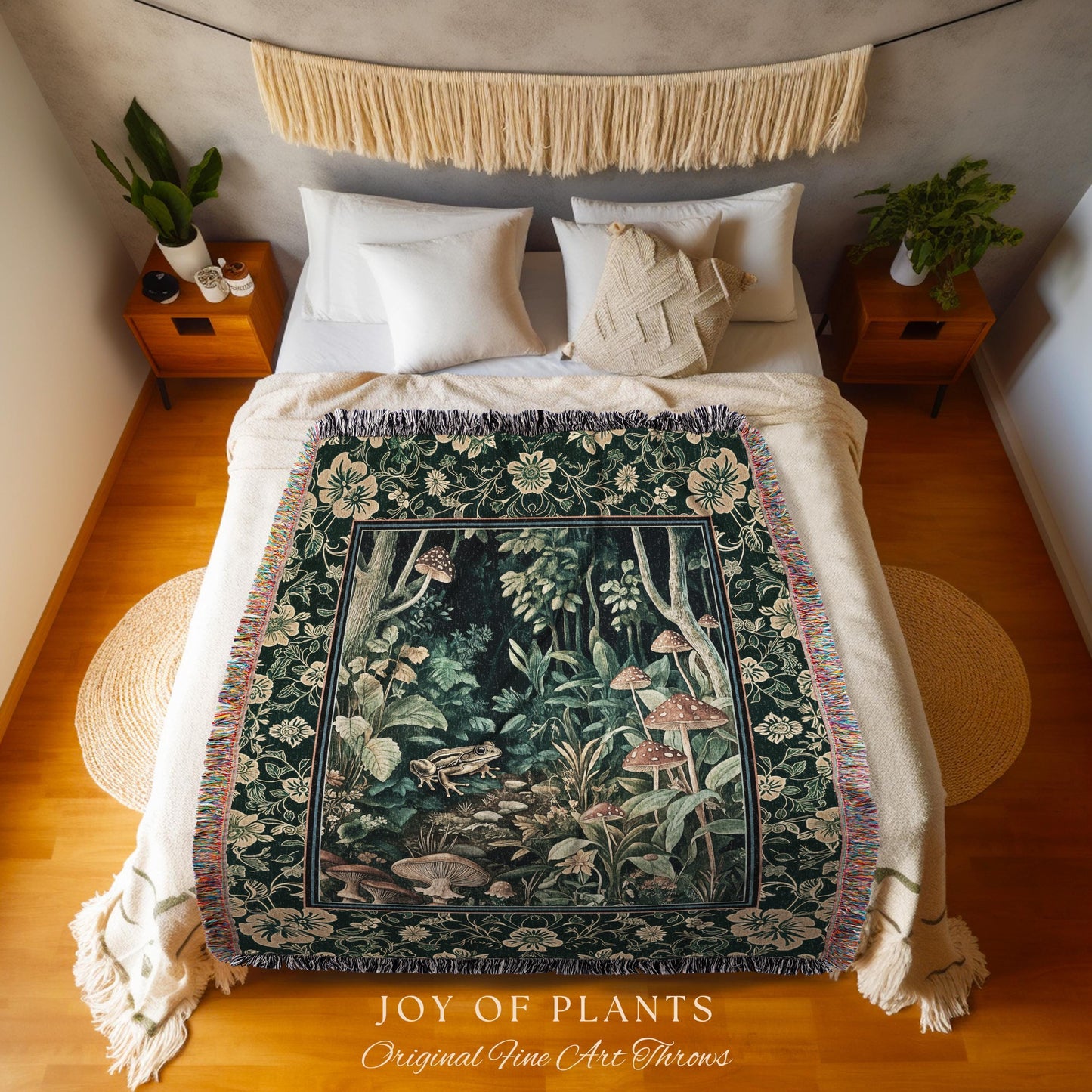 Magical Mushroom Folklore Forest Blanket | Cute Woodland Woven Tapestry for Bedroom Goblincore Forest Woodland Whimsy Toadstool Aesthetic |