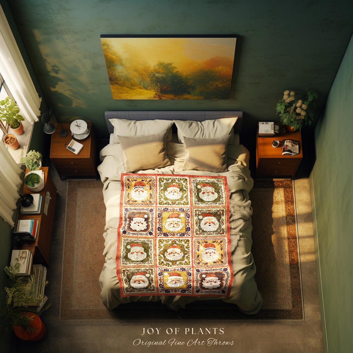 Cute Santa Claus Checkered Hygge Blanket Rustic Country Cottagecore Christmas Folk Art Holiday Tapestry Throw Cozy Earthy Nostalgic Decor