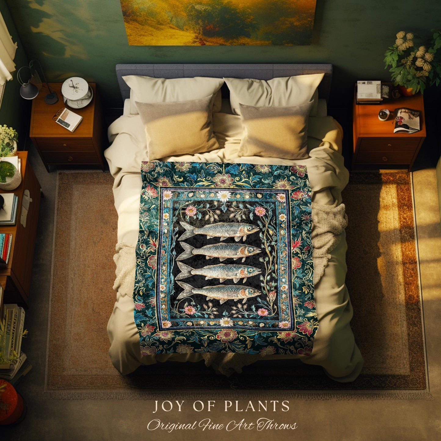 Eclectic Botanical Sardine Blanket Cozy | Nautical Lake House Throw Indie Coastal Aesthetic Woven Wall Tapestry Oceancore Vintage Sea Life