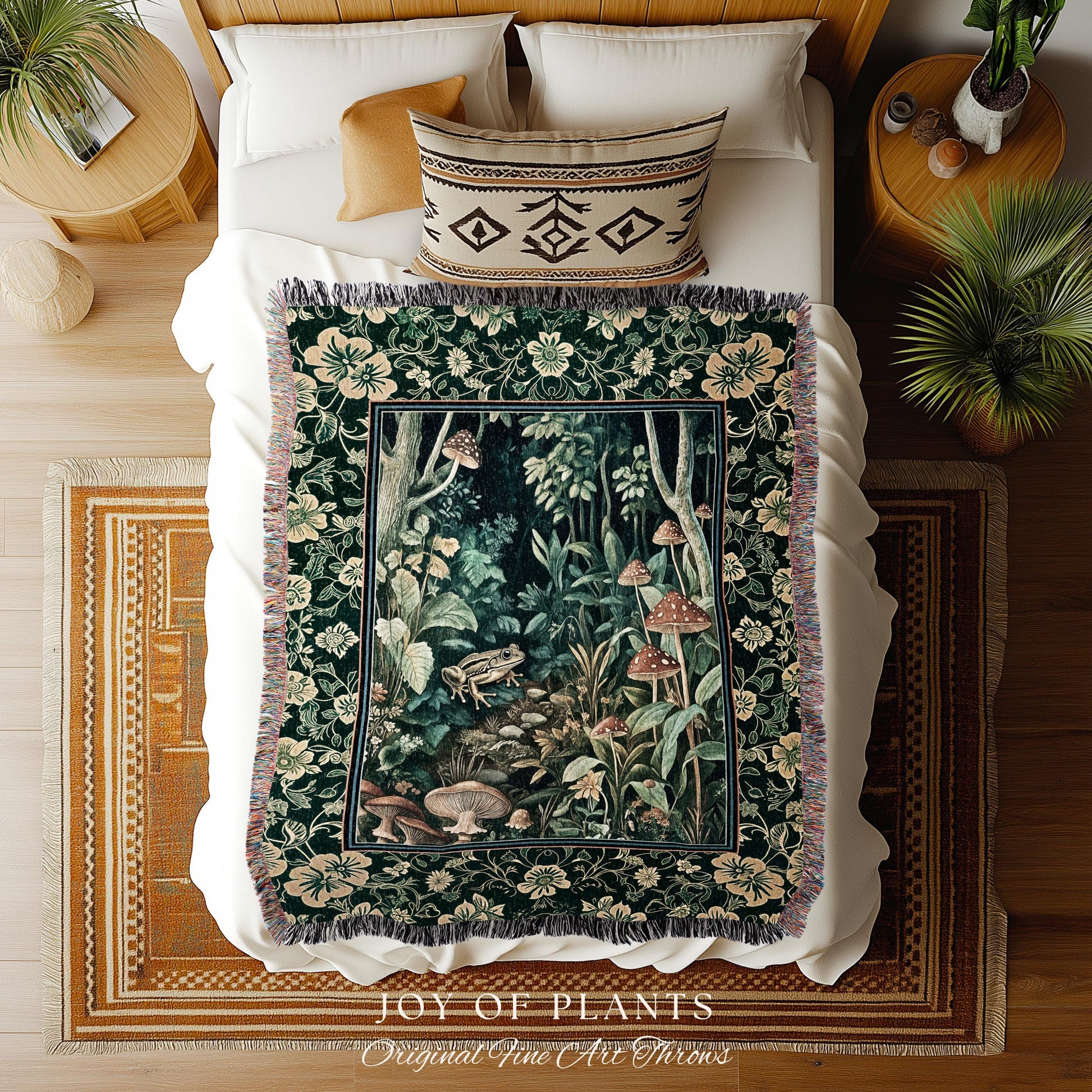 Magical Mushroom Folklore Forest Blanket | Cute Woodland Woven Tapestry for Bedroom Goblincore Forest Woodland Whimsy Toadstool Aesthetic |