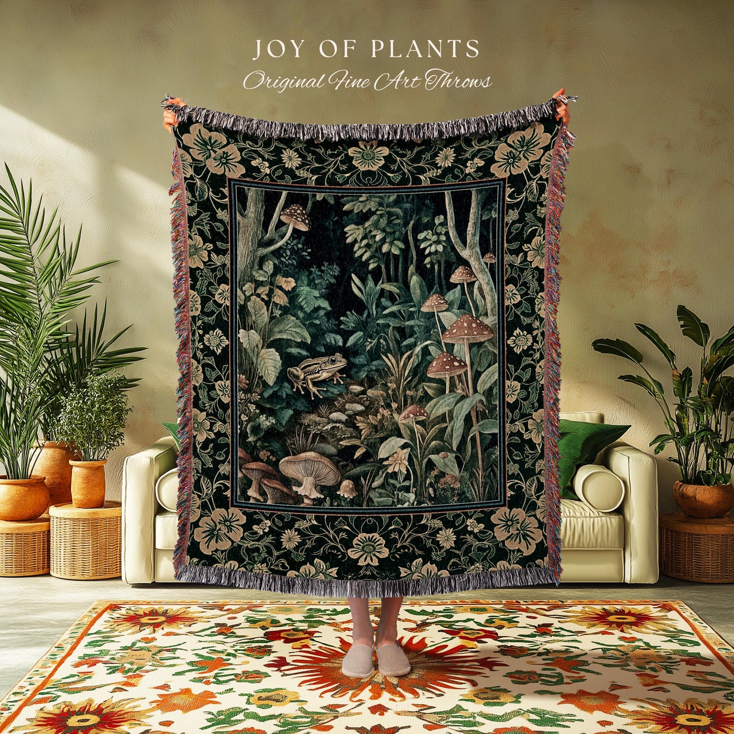 Magical Mushroom Folklore Forest Blanket | Cute Woodland Woven Tapestry for Bedroom Goblincore Forest Woodland Whimsy Toadstool Aesthetic |