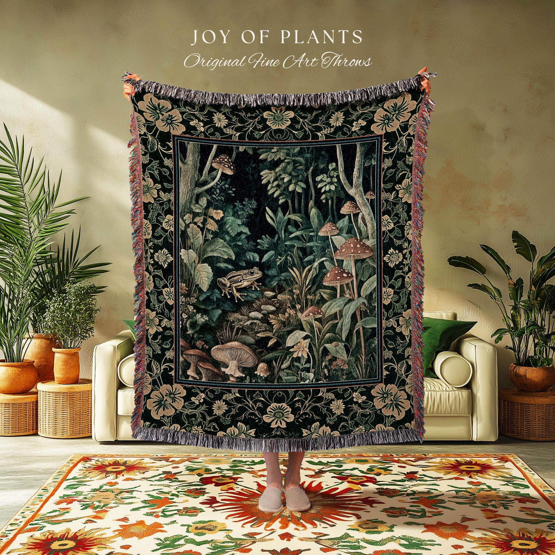 Magical Mushroom Folklore Forest Blanket | Cute Woodland Woven Tapestry for Bedroom Goblincore Forest Woodland Whimsy Toadstool Aesthetic |