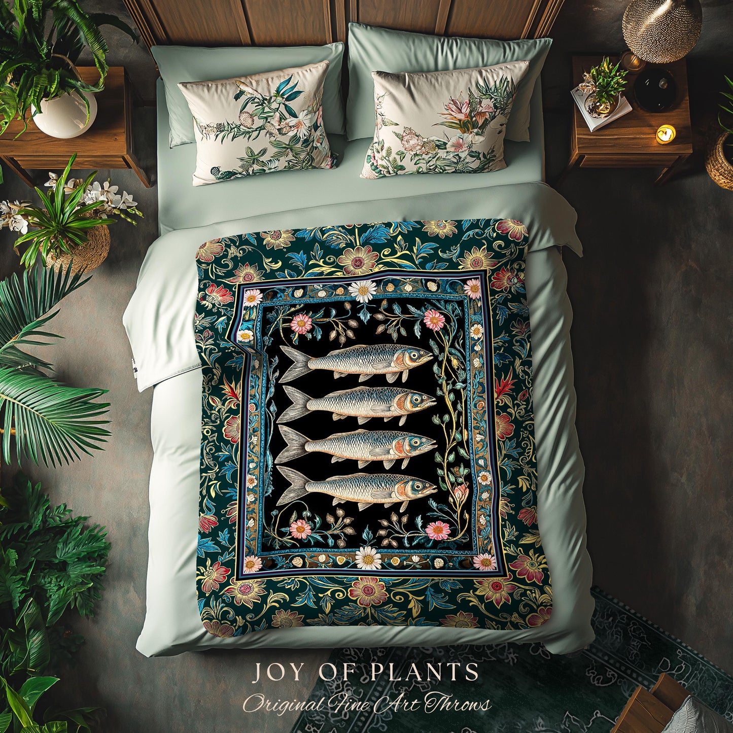 Eclectic Botanical Sardine Blanket Cozy | Nautical Lake House Throw Indie Coastal Aesthetic Woven Wall Tapestry Oceancore Vintage Sea Life