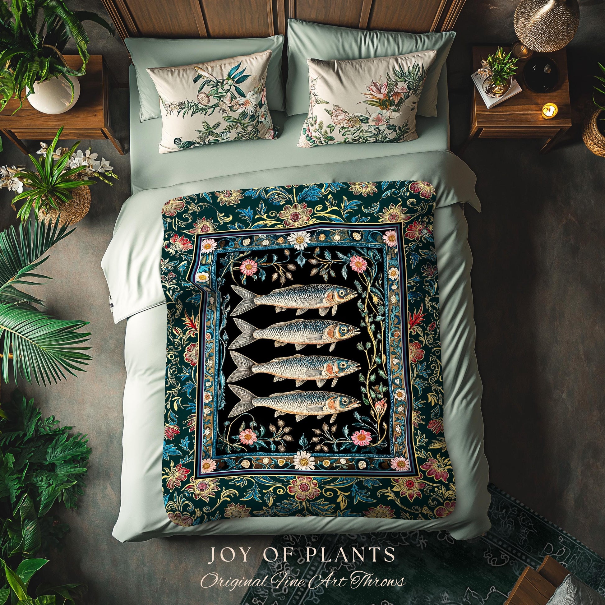 Eclectic Botanical Sardine Blanket Cozy | Nautical Lake House Throw Indie Coastal Aesthetic Woven Wall Tapestry Oceancore Vintage Sea Life