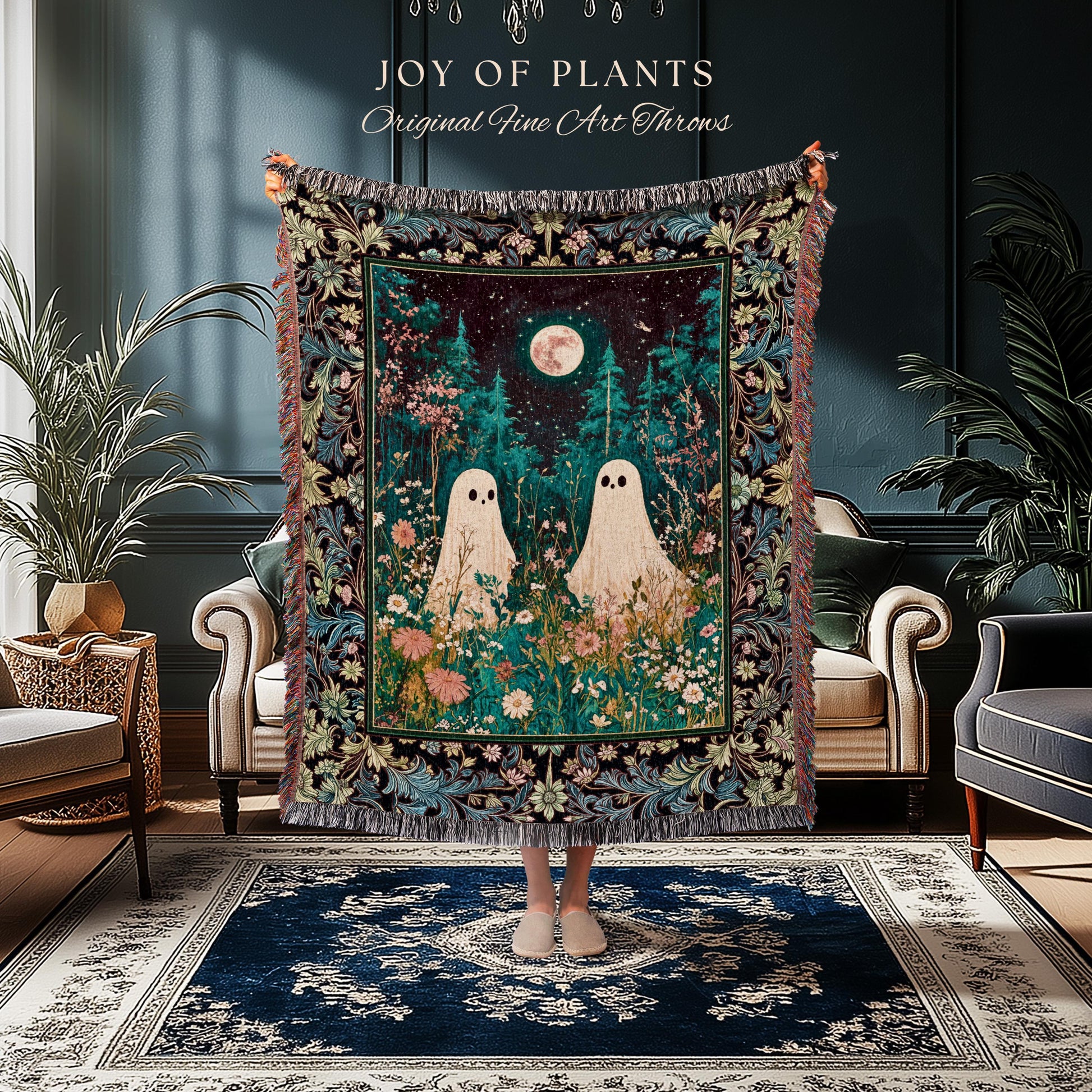Eclectic Moonlit Wildflower Spirit Blanket | Starry Sky Woven Tapestry Ghost Halloween Decor Autumn Whimsical Floral Gothic Garden Throw |