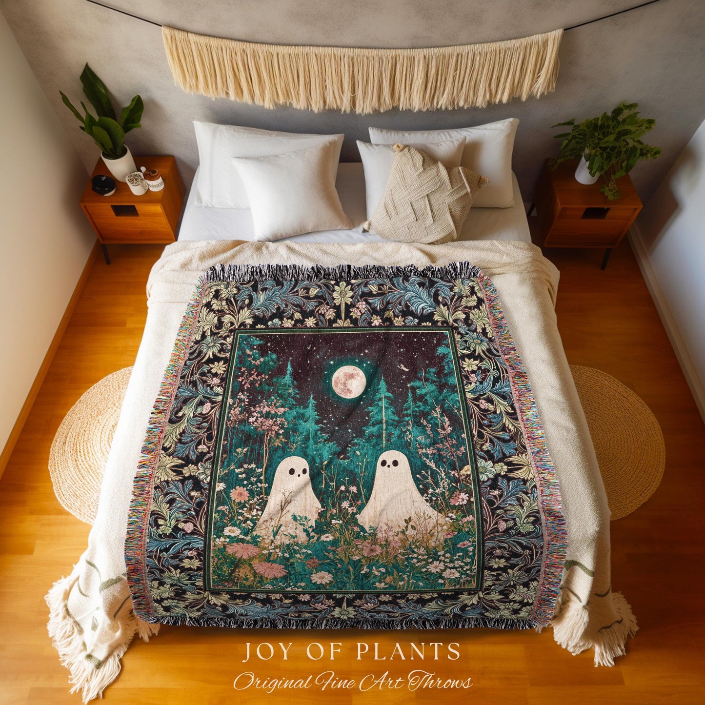 Eclectic Moonlit Wildflower Spirit Blanket | Starry Sky Woven Tapestry Ghost Halloween Decor Autumn Whimsical Floral Gothic Garden Throw |