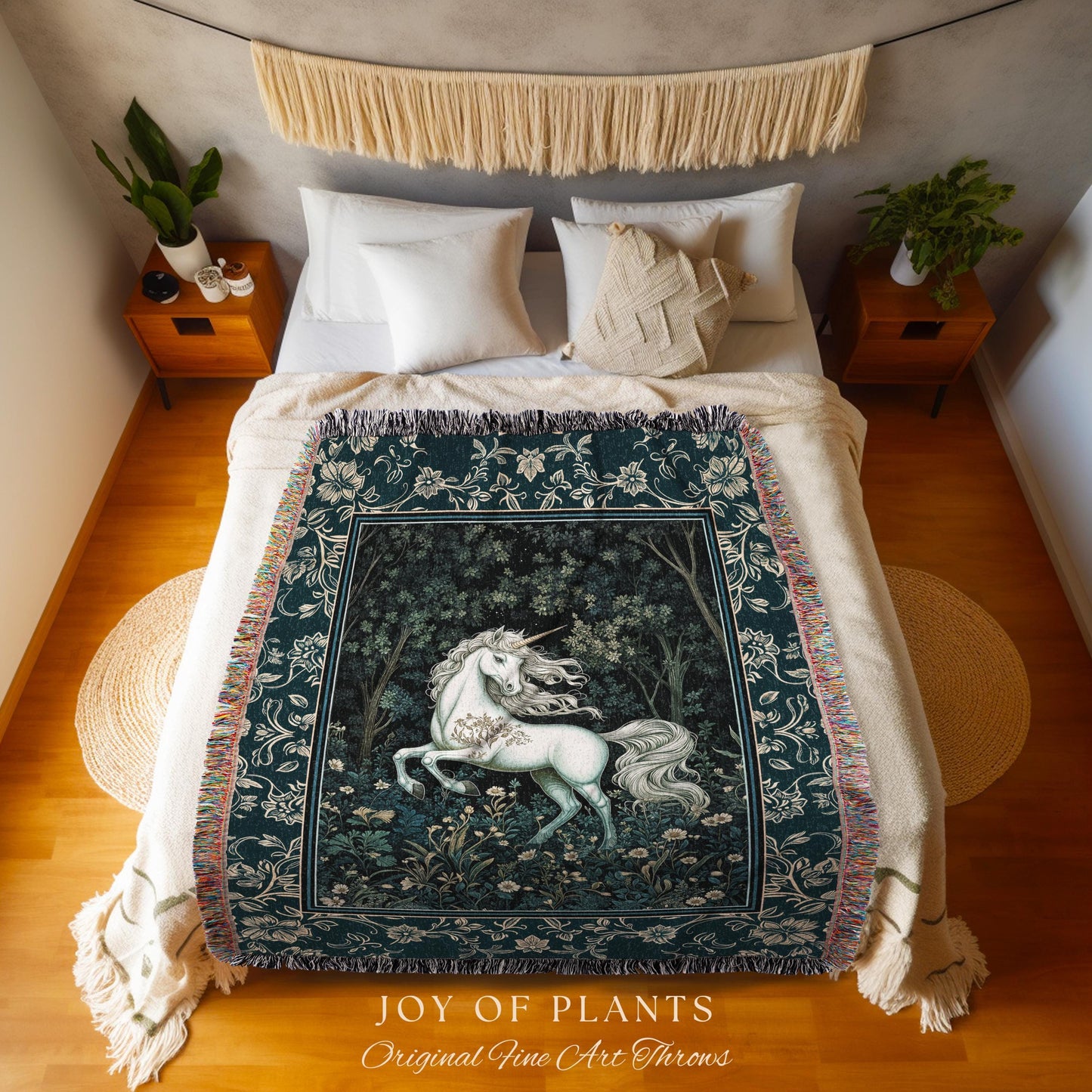 Enchanted Meadow Unicorn Coverlet | Victorian Fairycore Whimsical Ethereal Woven Throw Blanket Medieval Woodland Fairytale Rustic Tapestry |