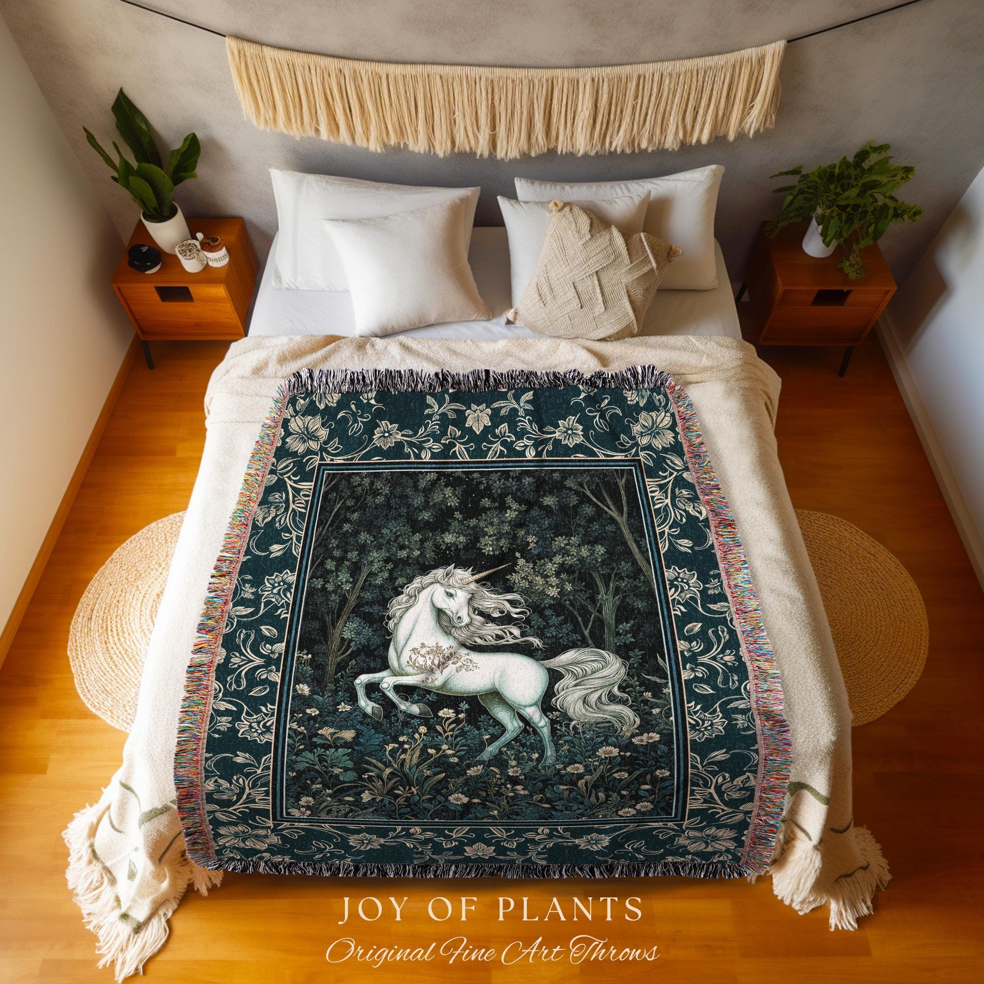 Enchanted Meadow Unicorn Coverlet | Victorian Fairycore Whimsical Ethereal Woven Throw Blanket Medieval Woodland Fairytale Rustic Tapestry |