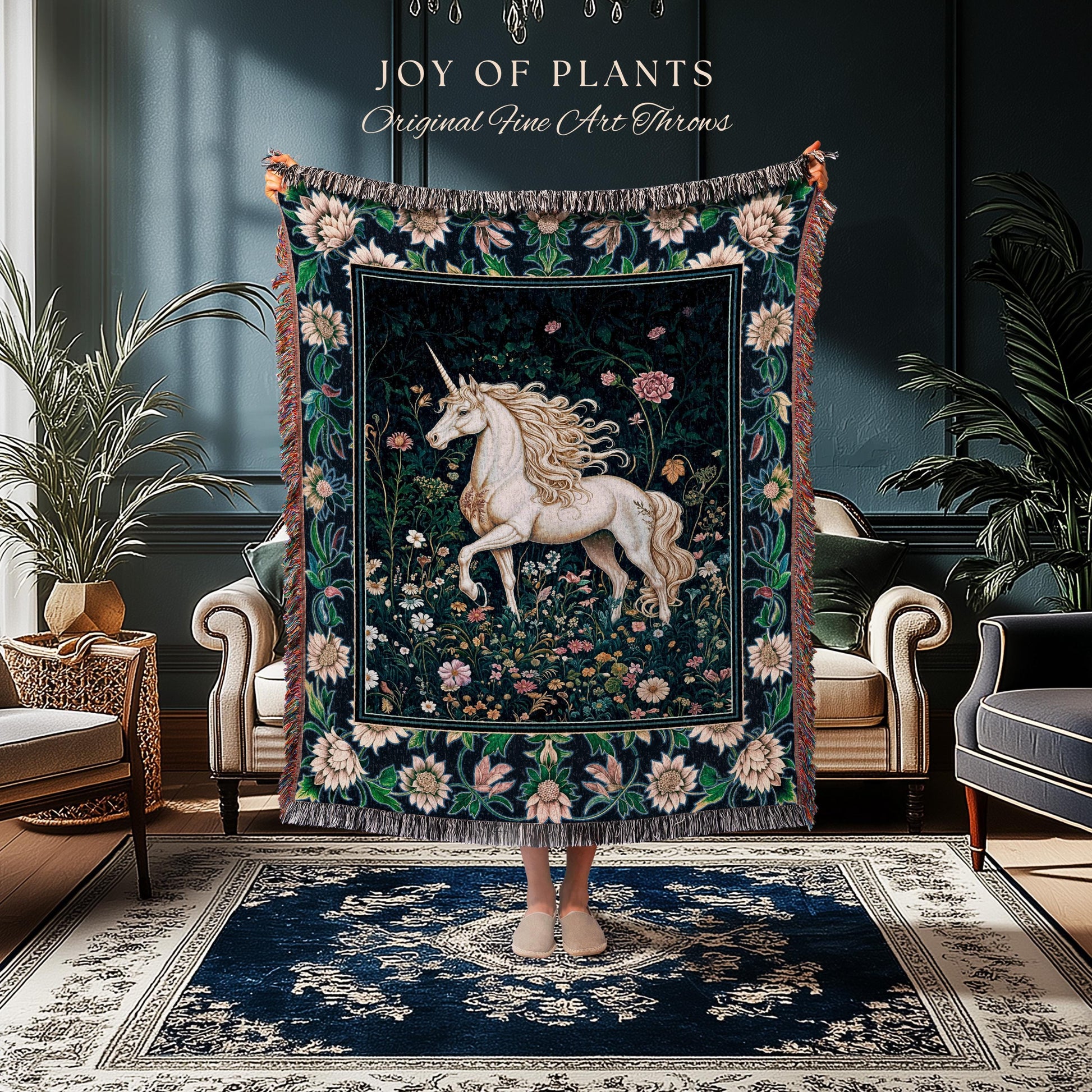 Storybook Elegance Magical Throw Blanket | Unicorn Coverlet Dark Fairytale Gothic Maximalist Colorful Whimsical Victorian Fairycore Tapestry