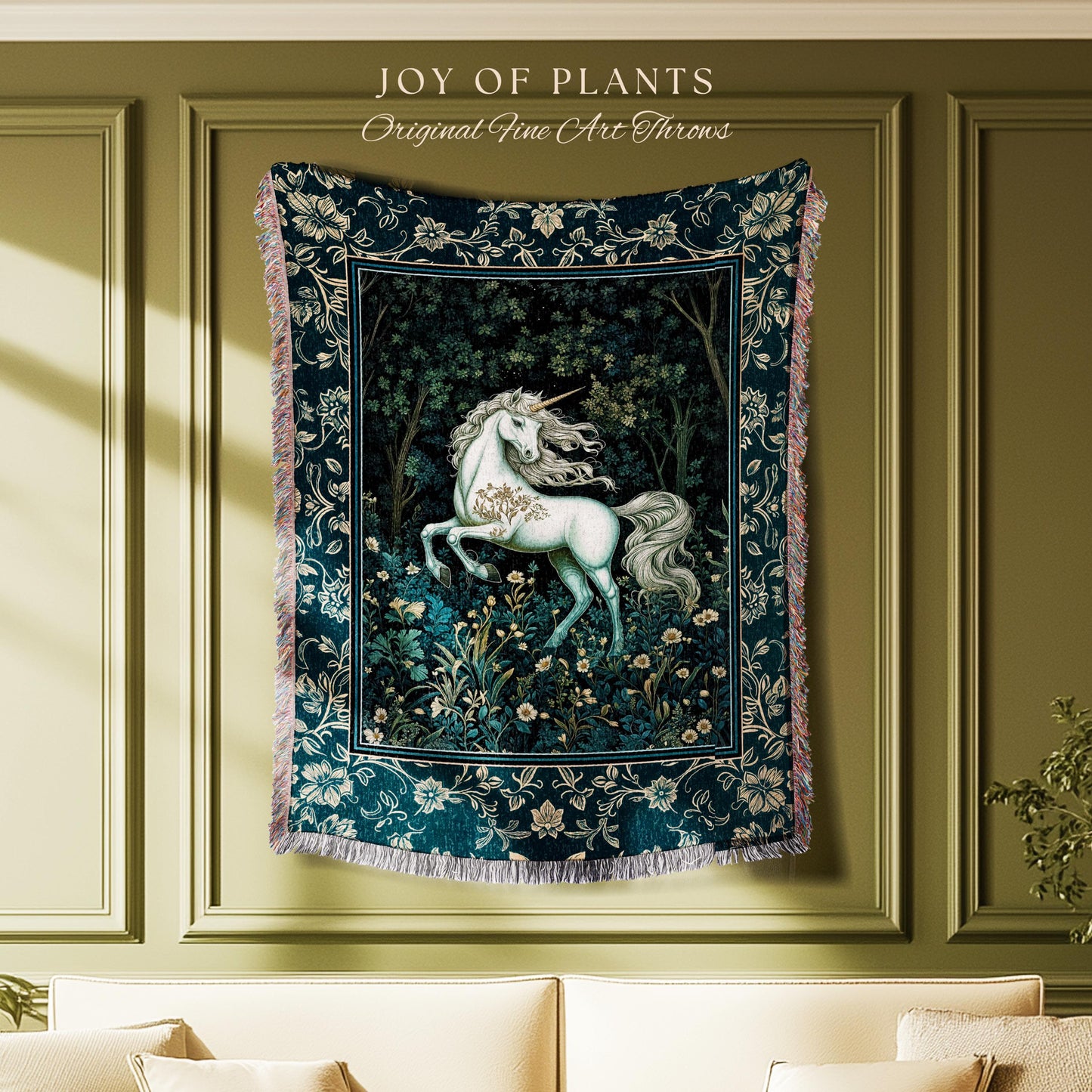 Enchanted Meadow Unicorn Coverlet | Victorian Fairycore Whimsical Ethereal Woven Throw Blanket Medieval Woodland Fairytale Rustic Tapestry |