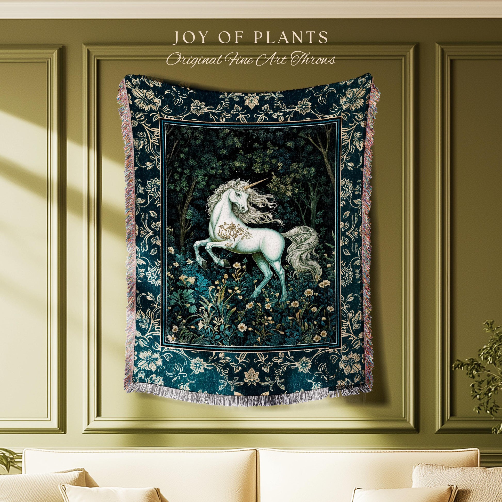 Enchanted Meadow Unicorn Coverlet | Victorian Fairycore Whimsical Ethereal Woven Throw Blanket Medieval Woodland Fairytale Rustic Tapestry |