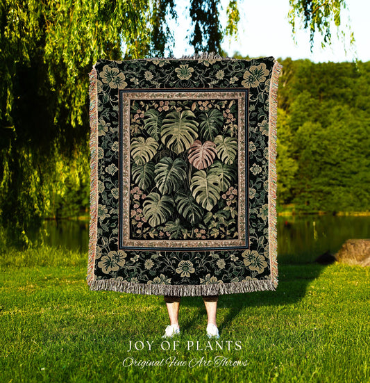Earthy Colors Cottagecore Monstera Tapestry | Cute Forestcore Woodland Jungle Vibes Dark Academia Woven Throw Blanket Houseplant Lover Gift