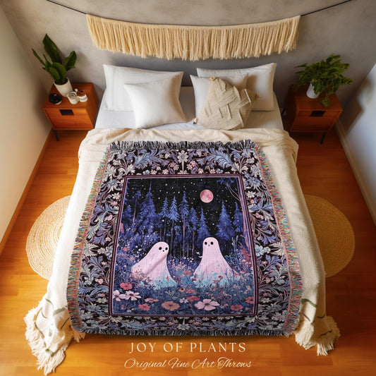 Violet Night Ethereal Ghost Throw Blanket | Moonlit Floral Halloween Throw Gothic Pastel Ghost Tapestry Whimsigoth Cottagecore Cozy Fall |