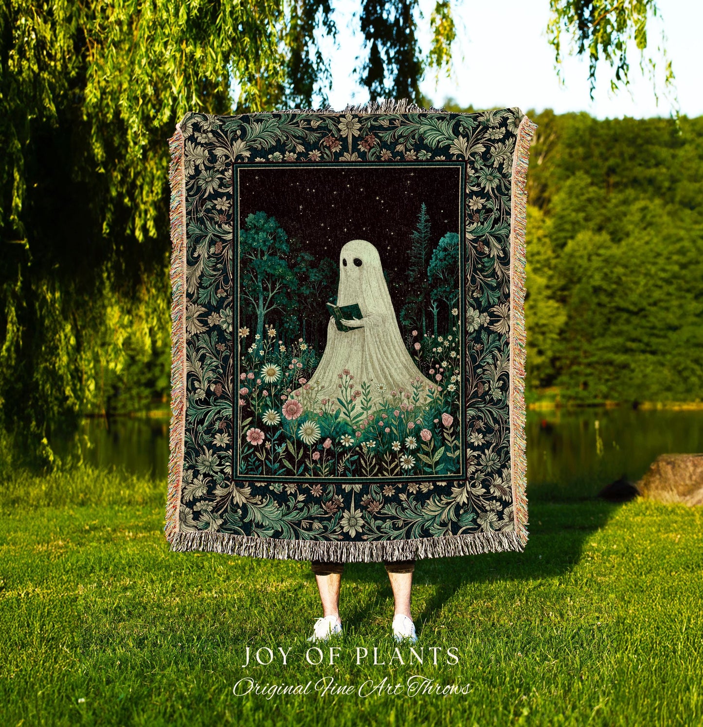 Haunted Book Ghost Wall Tapestry | Gothic Woven Spooky Cute Decor Halloween Aesthetic Cozy Reading Nook Forest Spirit Botanical Ethereal |