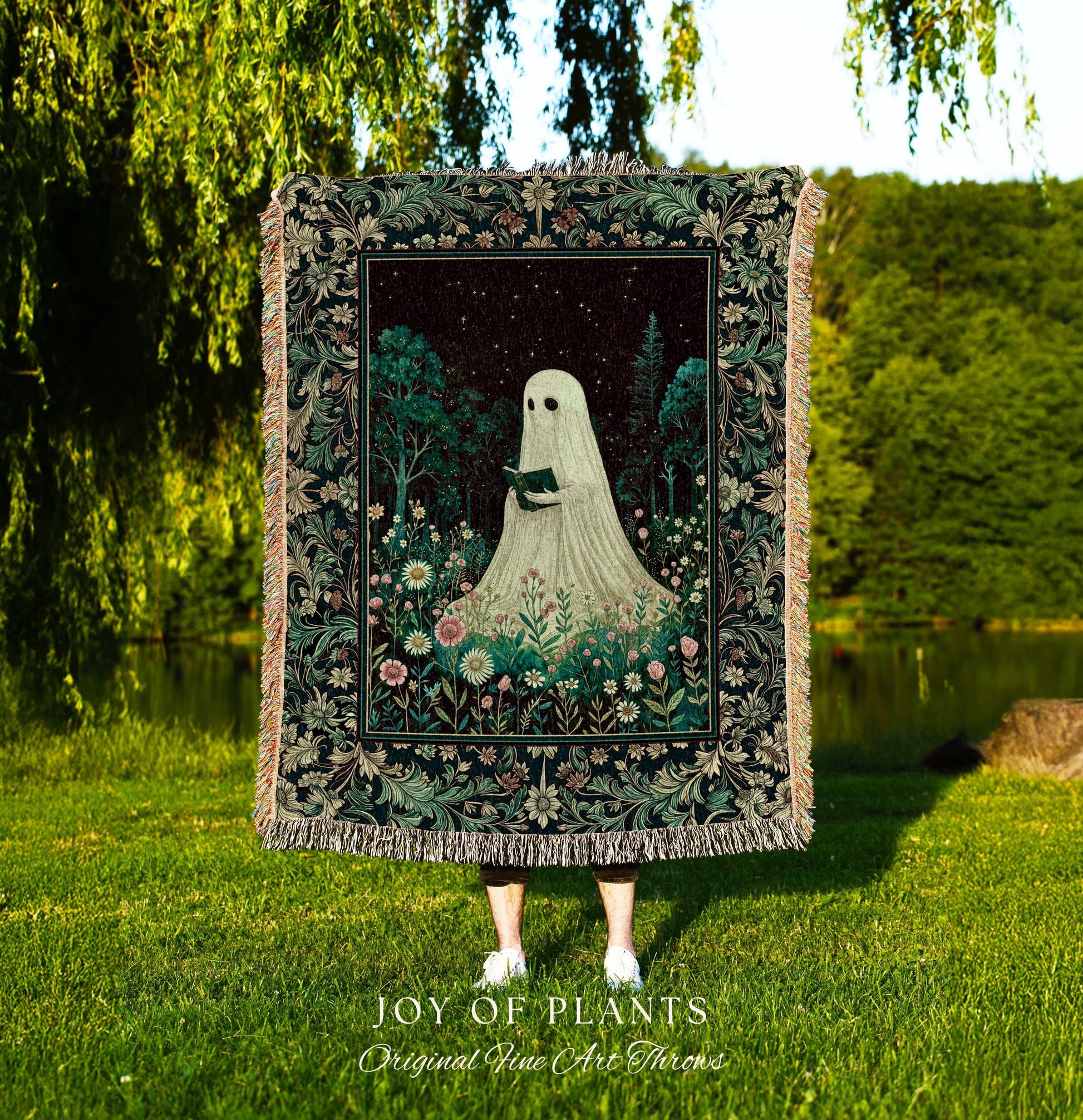Haunted Book Ghost Wall Tapestry | Gothic Woven Spooky Cute Decor Halloween Aesthetic Cozy Reading Nook Forest Spirit Botanical Ethereal |
