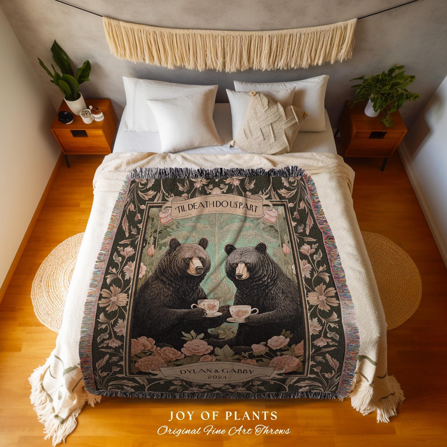 Dark Floral Couples Anniversary Blanket | Woodland Wedding Anniversary Personalized Bear Couple Woven Throw Cute Blanket Gift for Valentine
