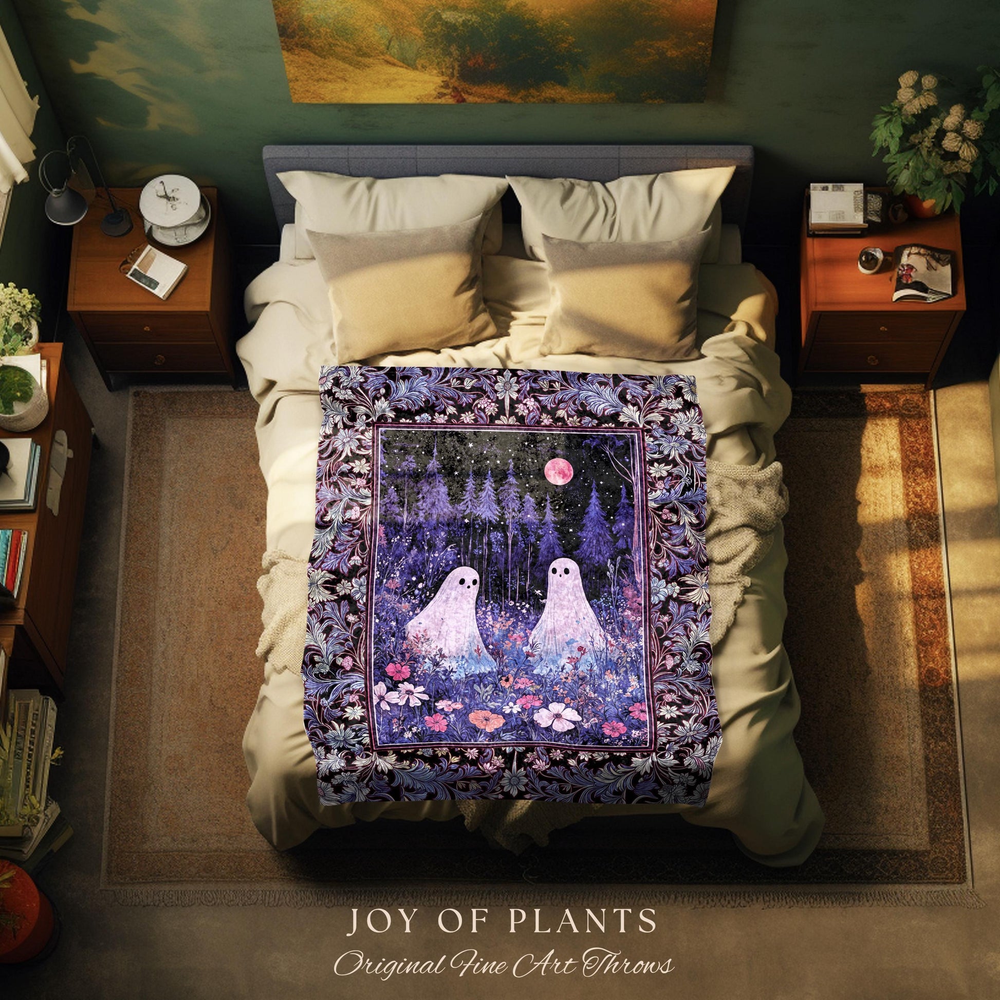 Violet Night Ethereal Ghost Throw Blanket | Moonlit Floral Halloween Throw Gothic Pastel Ghost Tapestry Whimsigoth Cottagecore Cozy Fall |