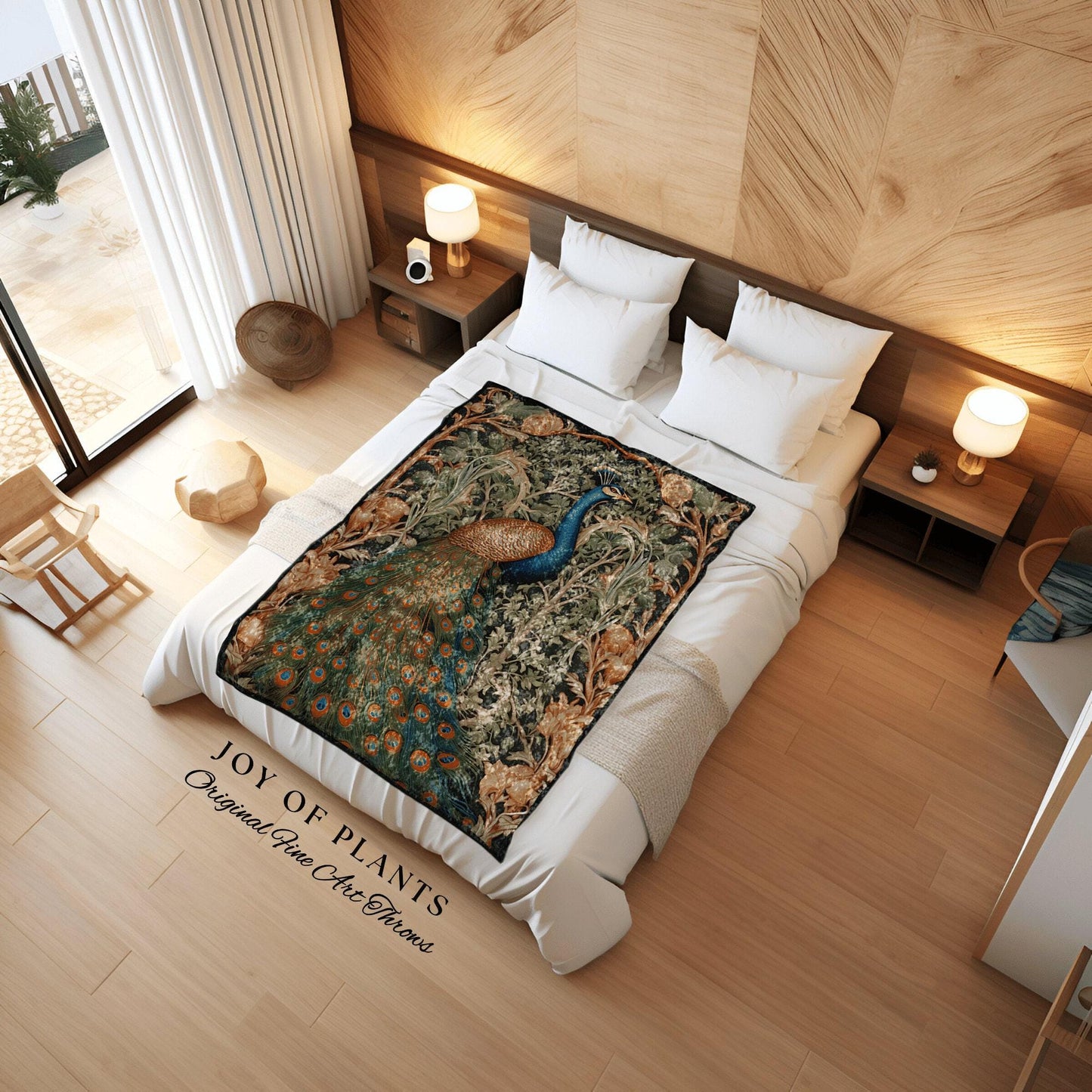 Woven Peacock Throw Blanket | William Morris inspired Throw Blanket Vintage Cottagecore Woodland Gothic Decor Woven Throw Peacock Tapestry |