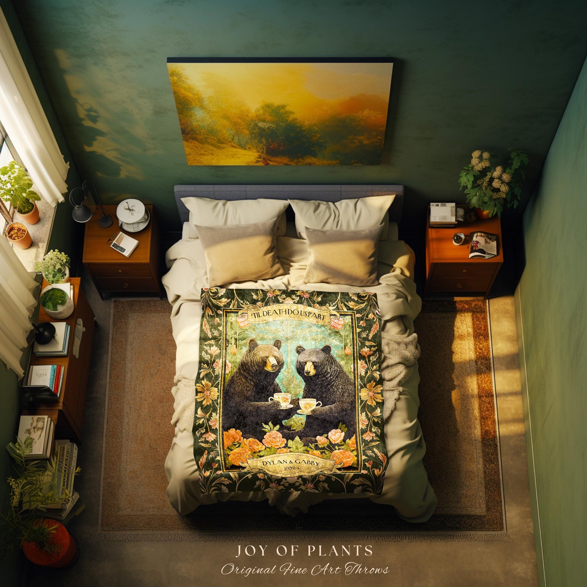 Dark Floral Couples Anniversary Blanket | Woodland Wedding Anniversary Personalized Bear Couple Woven Throw Cute Blanket Gift for Valentine