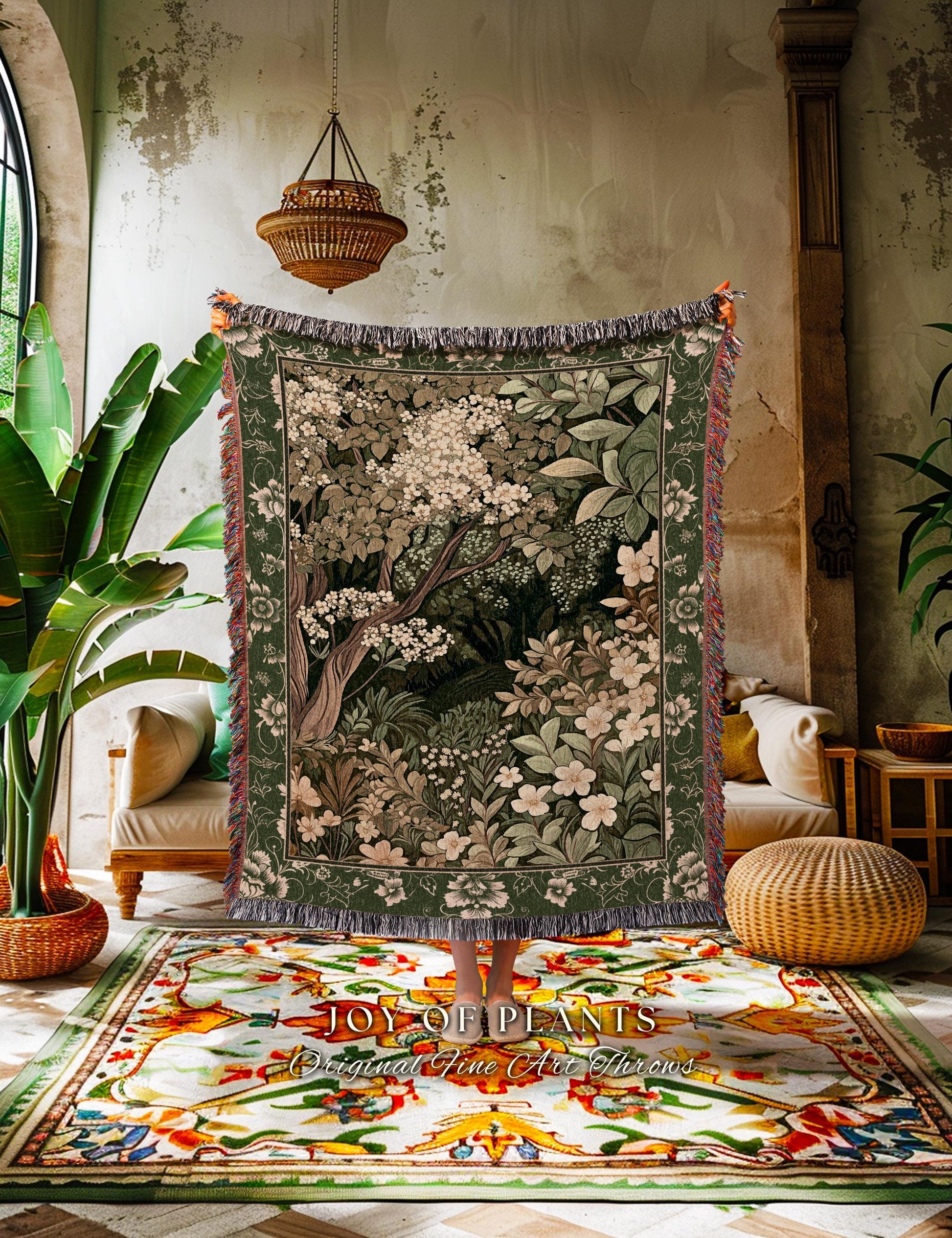 Soft Aesthetics Folklore Forest Tapestry Throw Fairy Inspired Bedroom | Cozy Cottagecore Ethereal Nature Aesthetic Sage Green Indie Blanket
