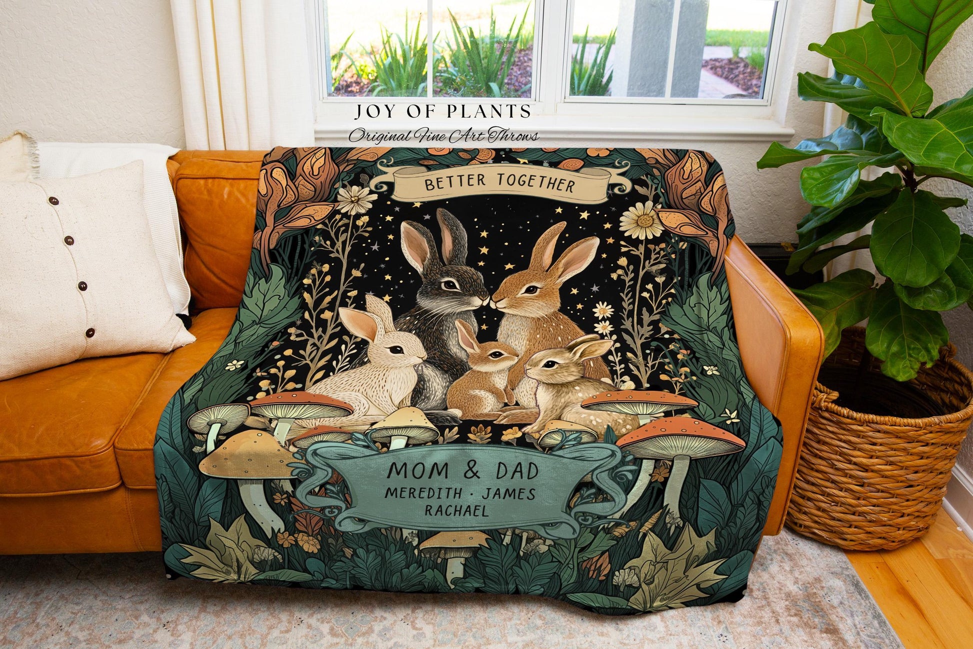 Rabbit Family Custom Kids Personalized Family Blanket | Woodland Cottagecore Throw Blanket Celestial Decor Meaningful Gift From Children |