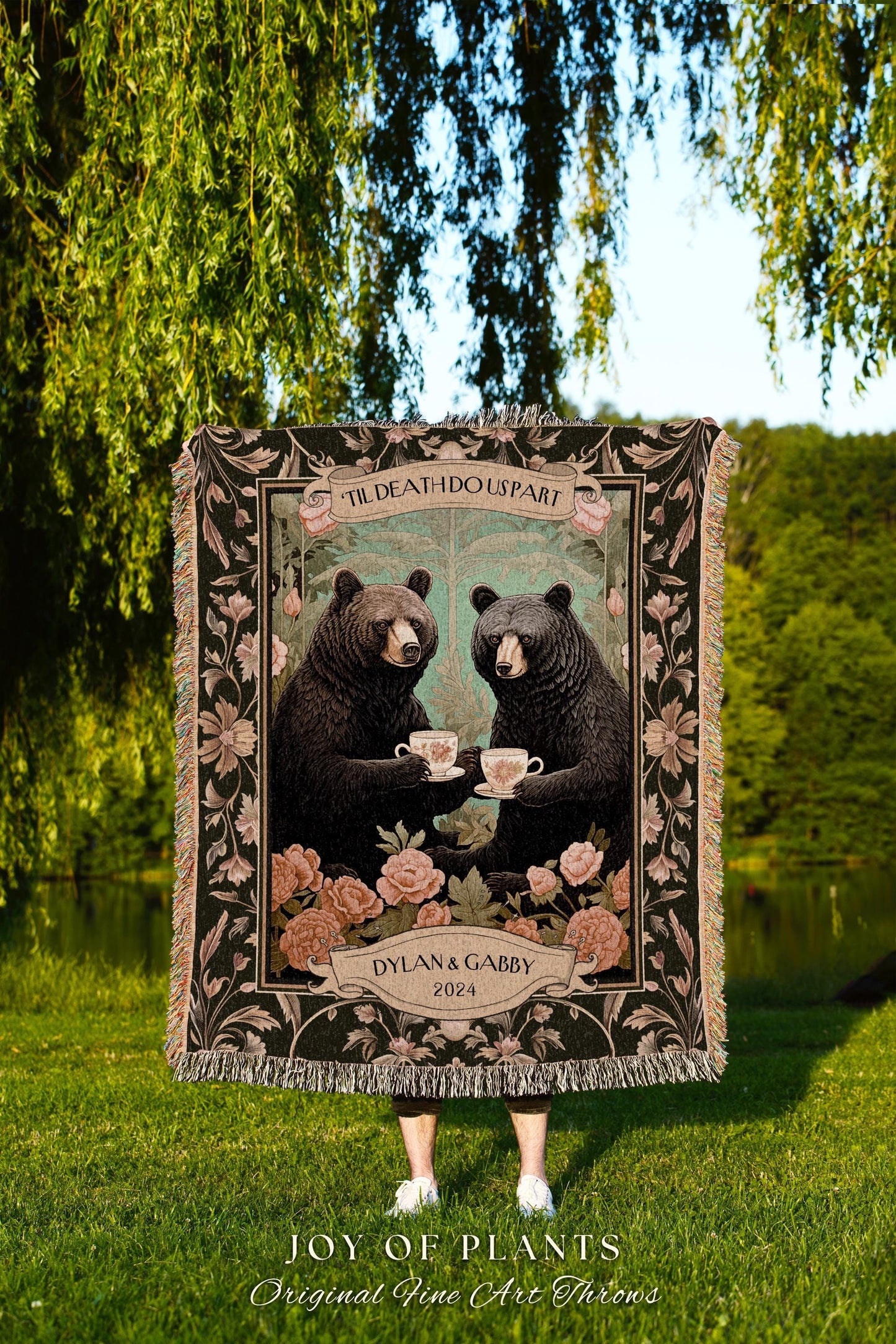 Dark Floral Couples Anniversary Blanket | Woodland Wedding Anniversary Personalized Bear Couple Woven Throw Cute Blanket Gift for Valentine