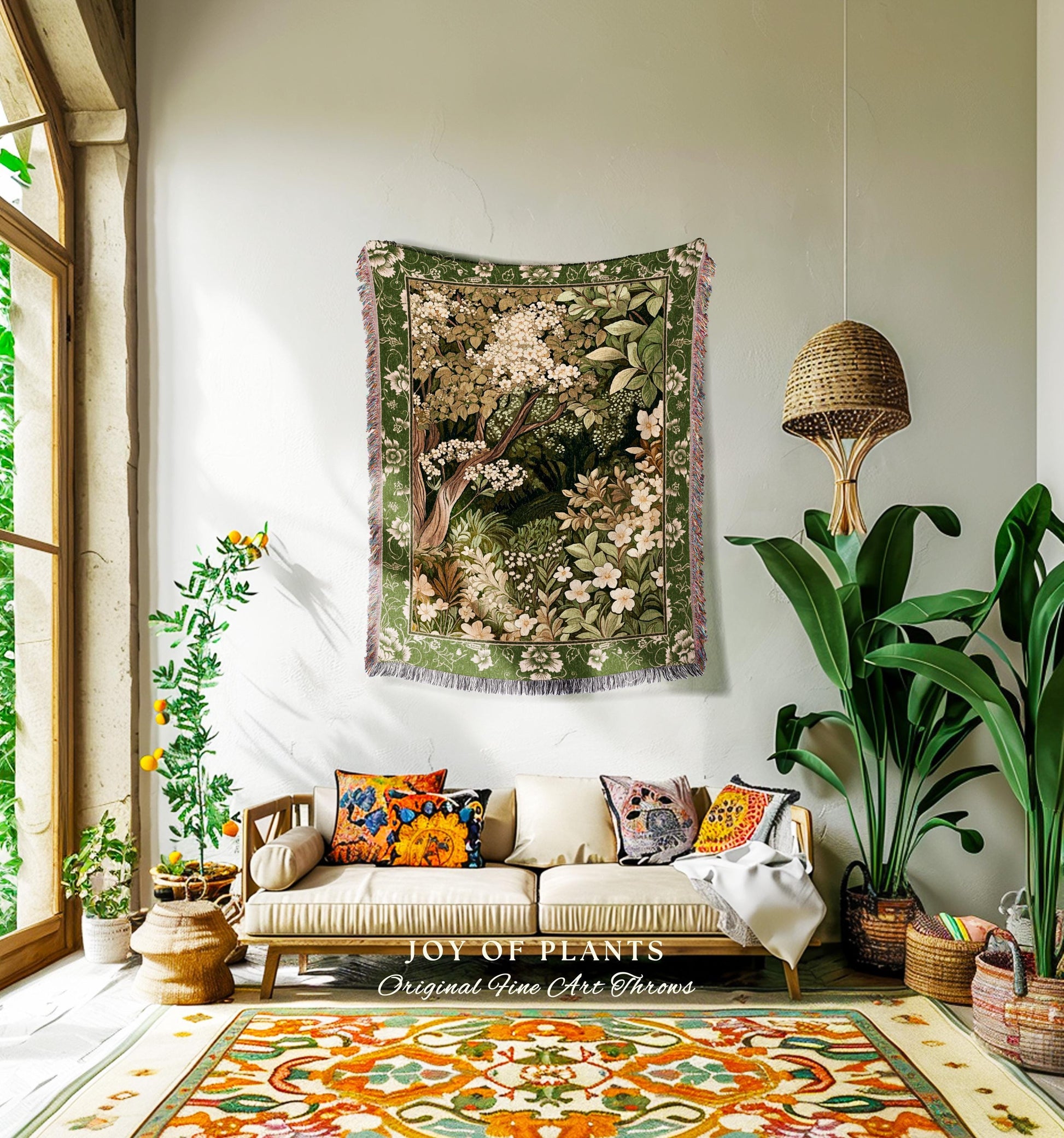 Soft Aesthetics Folklore Forest Tapestry Throw Fairy Inspired Bedroom | Cozy Cottagecore Ethereal Nature Aesthetic Sage Green Indie Blanket