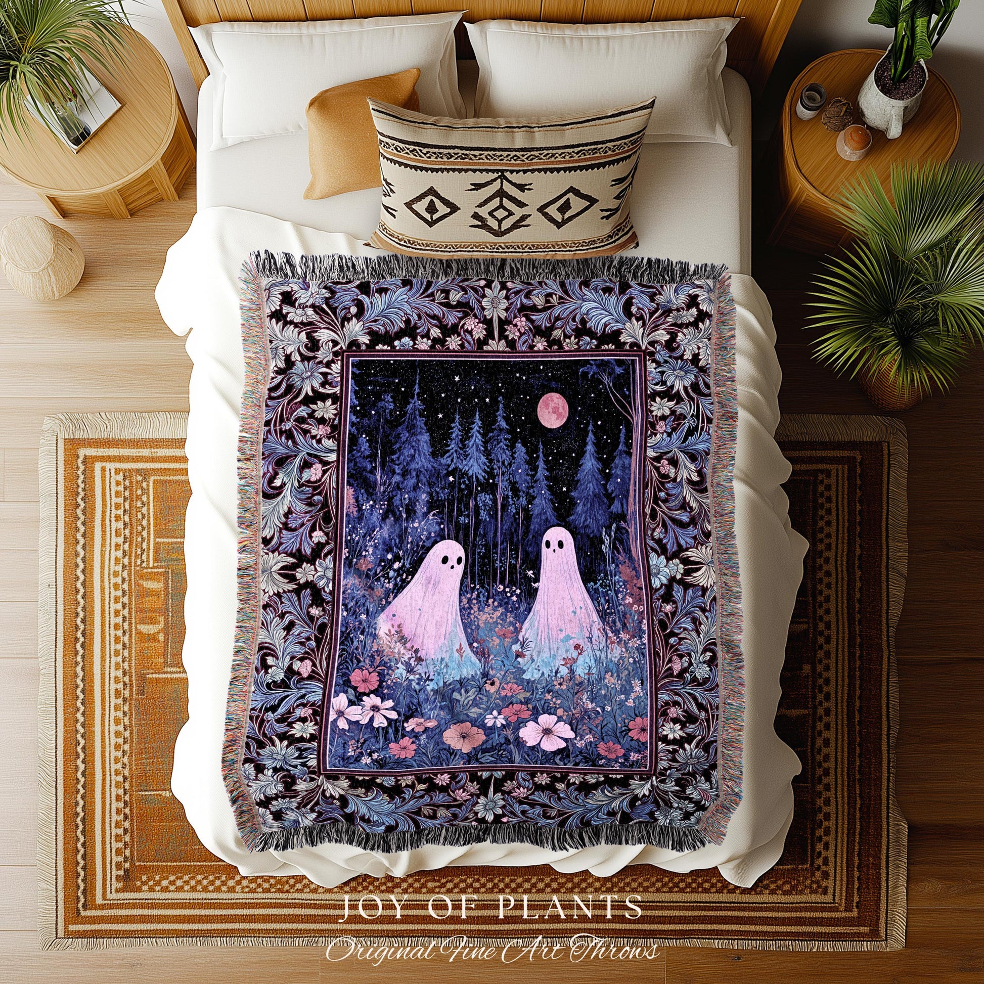 Violet Night Ethereal Ghost Throw Blanket | Moonlit Floral Halloween Throw Gothic Pastel Ghost Tapestry Whimsigoth Cottagecore Cozy Fall |