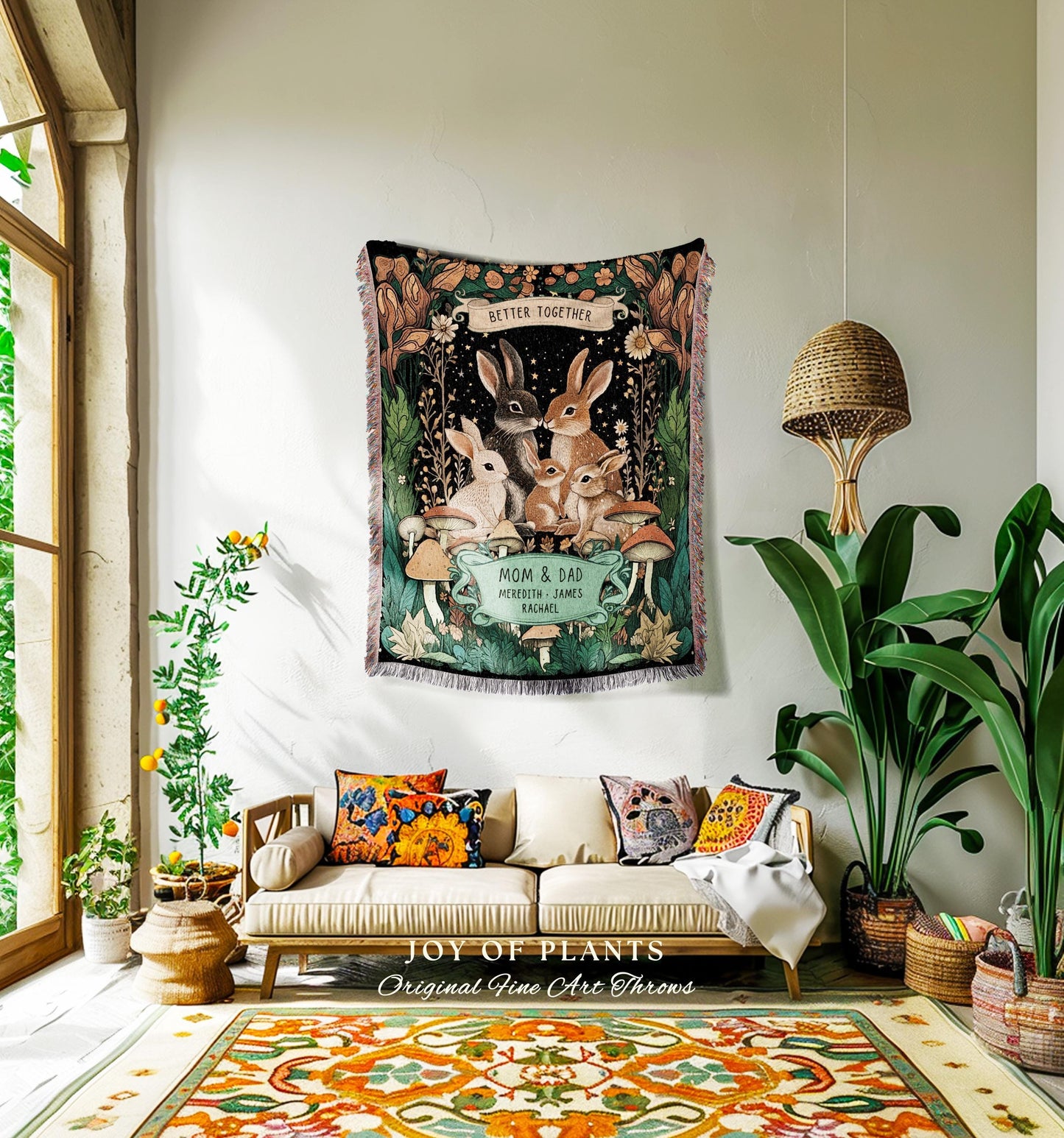 Rabbit Family Custom Kids Personalized Family Blanket | Woodland Cottagecore Throw Blanket Celestial Decor Meaningful Gift From Children |