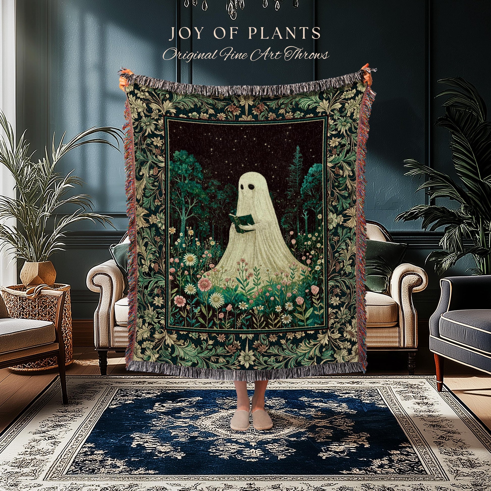 Haunted Book Ghost Wall Tapestry | Gothic Woven Spooky Cute Decor Halloween Aesthetic Cozy Reading Nook Forest Spirit Botanical Ethereal |