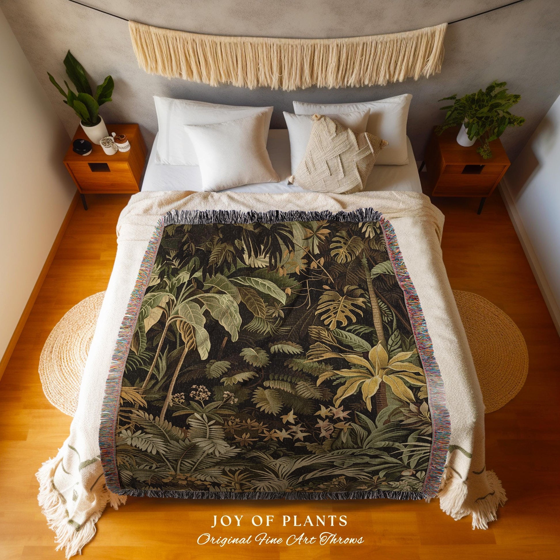 Moody Botanical Jungle Leaves Coverlet | Eclectic Green Maximalist Woven Blanket Whimsigoth Vintage Botanical Nature Living Room Forest |