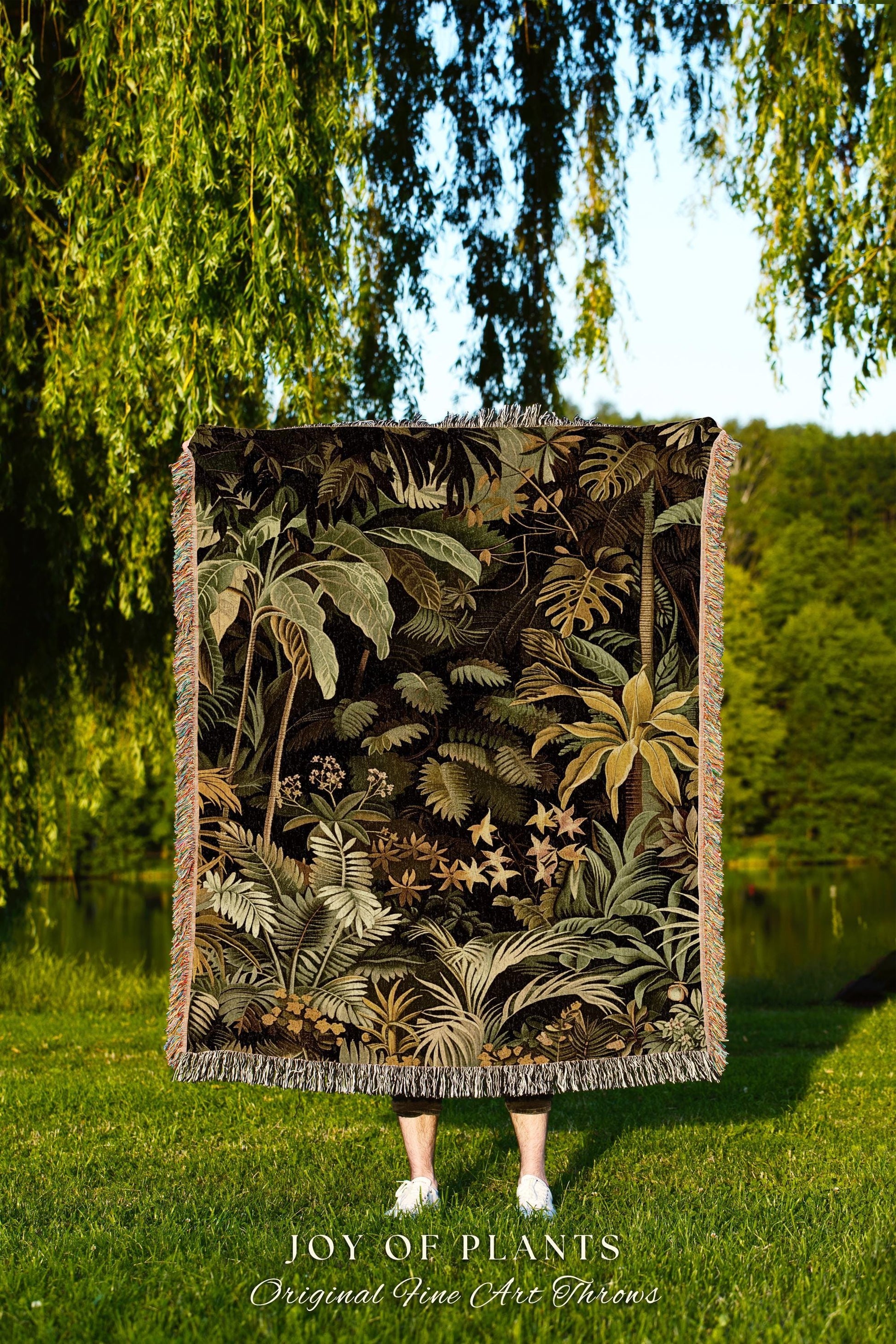 Moody Botanical Jungle Leaves Coverlet | Eclectic Green Maximalist Woven Blanket Whimsigoth Vintage Botanical Nature Living Room Forest |