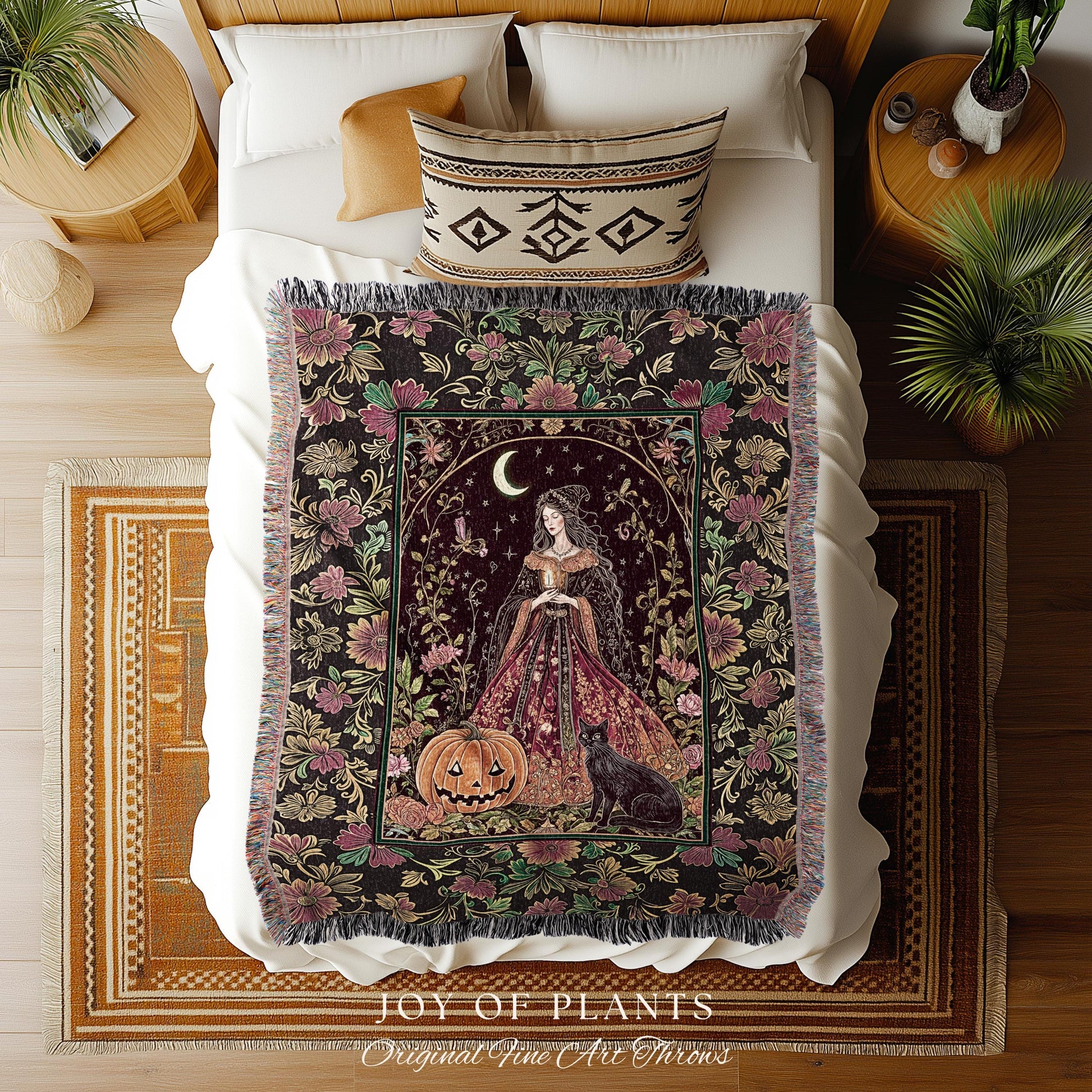Classic Halloween Aesthetic Witch Blanket | Cozy Black Cat Whimsical Decor Celestial Magic Fall Woven Wall Tapestry Enchanted Jack-O-Lantern
