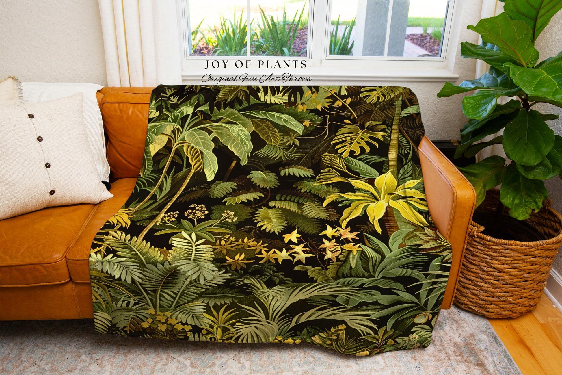 Moody Botanical Jungle Leaves Coverlet | Eclectic Green Maximalist Woven Blanket Whimsigoth Vintage Botanical Nature Living Room Forest |