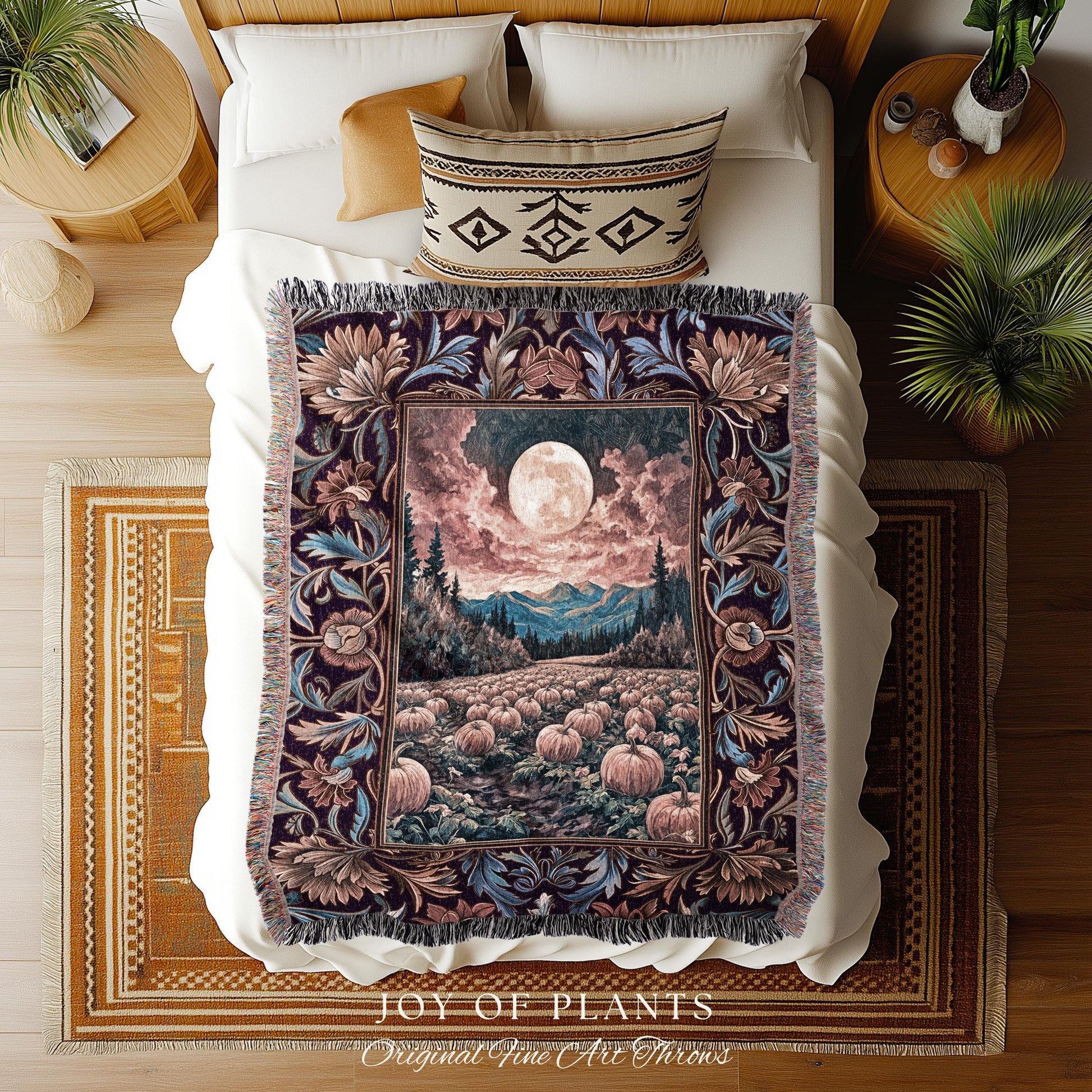 Lunar Night Sky Fall Pumpkin Blanket | Autumn Aesthetic Rustic Woven Tapestry Dark Academia Decor Cute Spooky Halloween Vibes Eclectic Style