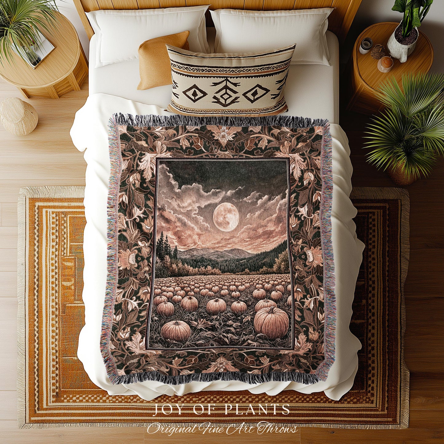 Full Moon Cozy Whimsical Throw Blanket | Earthy Autumn Decor Dark Academia Vibe Gothiccore Aesthetic Fall Accent Tapestry Rustic Halloween |