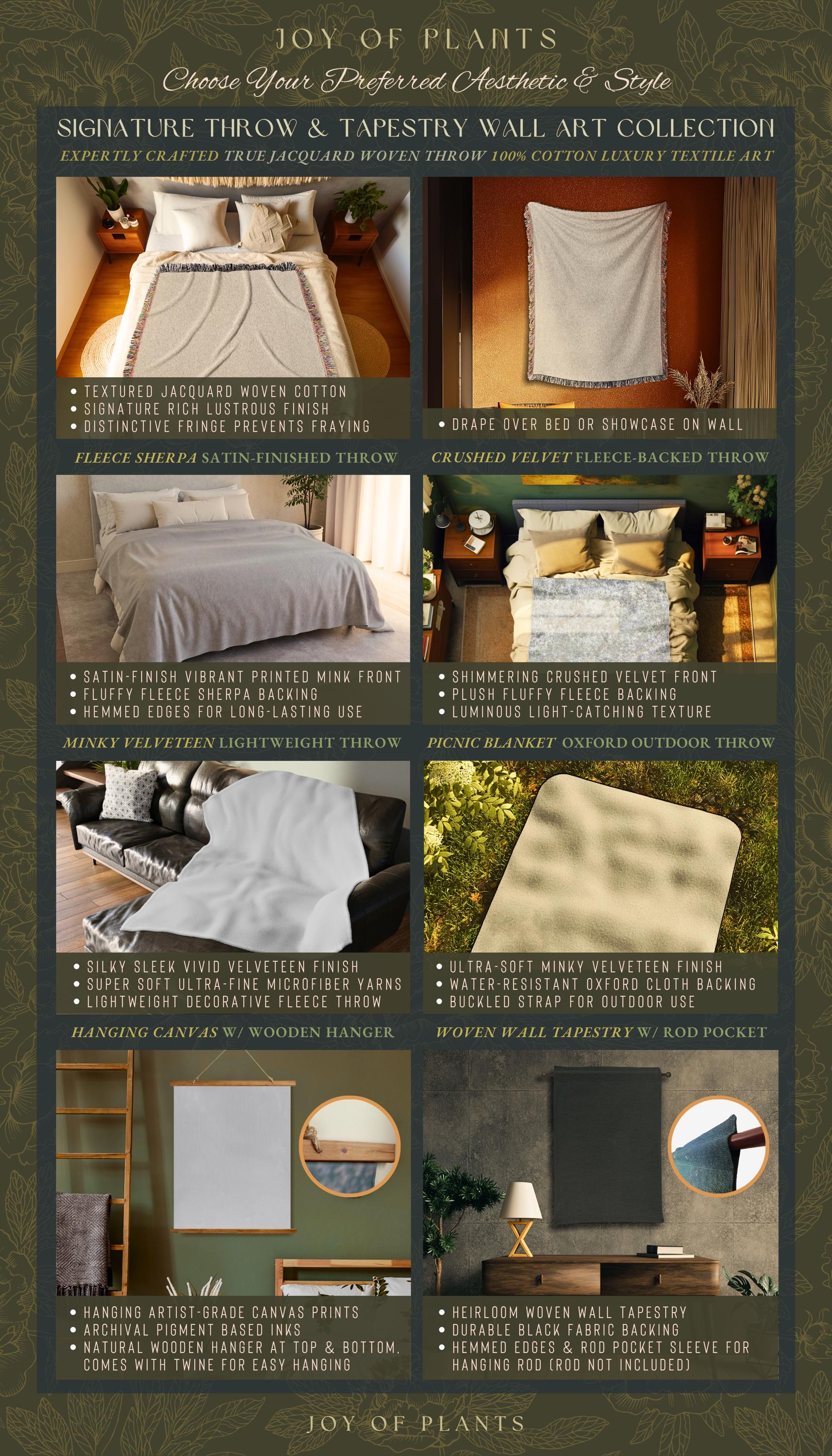 The image is a collage of six different bedroom designs, each showcasing a unique style and theme. The designs include a signature throw and tapestry wall art collection, a signature throw and tapestry wall art collection, a signature throw and tapestry wall art collection, a signature throw and tapestry wall art collection, a signature throw and tapestry wall art collection, and a signature throw and tapestry wall art collection.