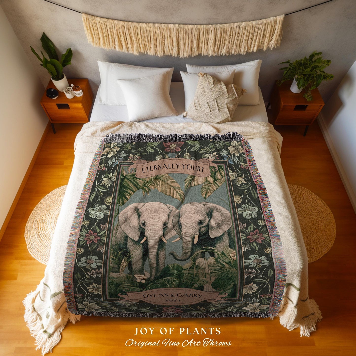 Romantic Outdoorsy Couple Tapestry Woven Cotton | Wedding Keepsake Throw Blanket Personalized His & Hers Names Custom Anniversary Botanical