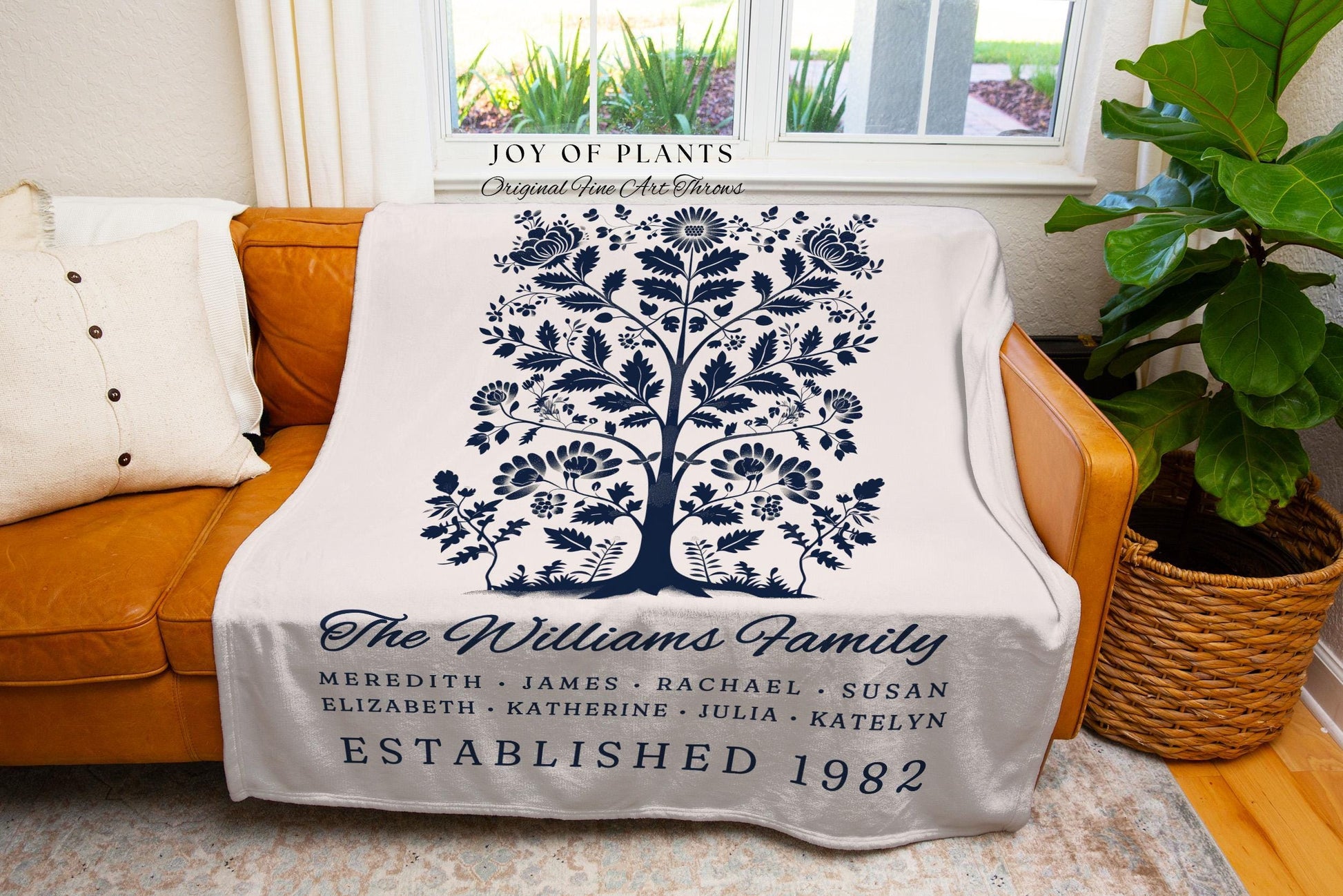 Vintage Folk Art Family Tree Blanket with Names Heritage Cottagecore Decor, Personalized Heirloom Tapestry Woven Throw Custom Nostalgic Gift