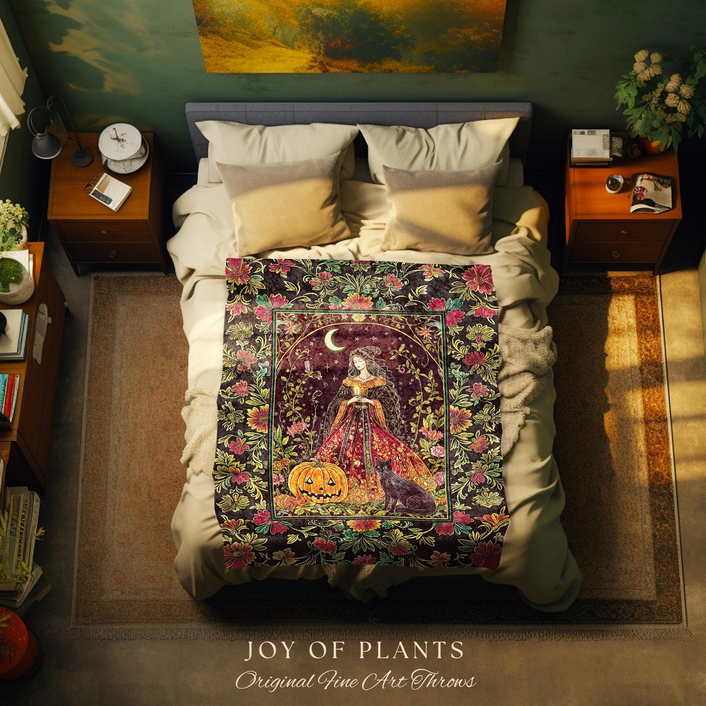 Classic Halloween Aesthetic Witch Blanket | Cozy Black Cat Whimsical Decor Celestial Magic Fall Woven Wall Tapestry Enchanted Jack-O-Lantern