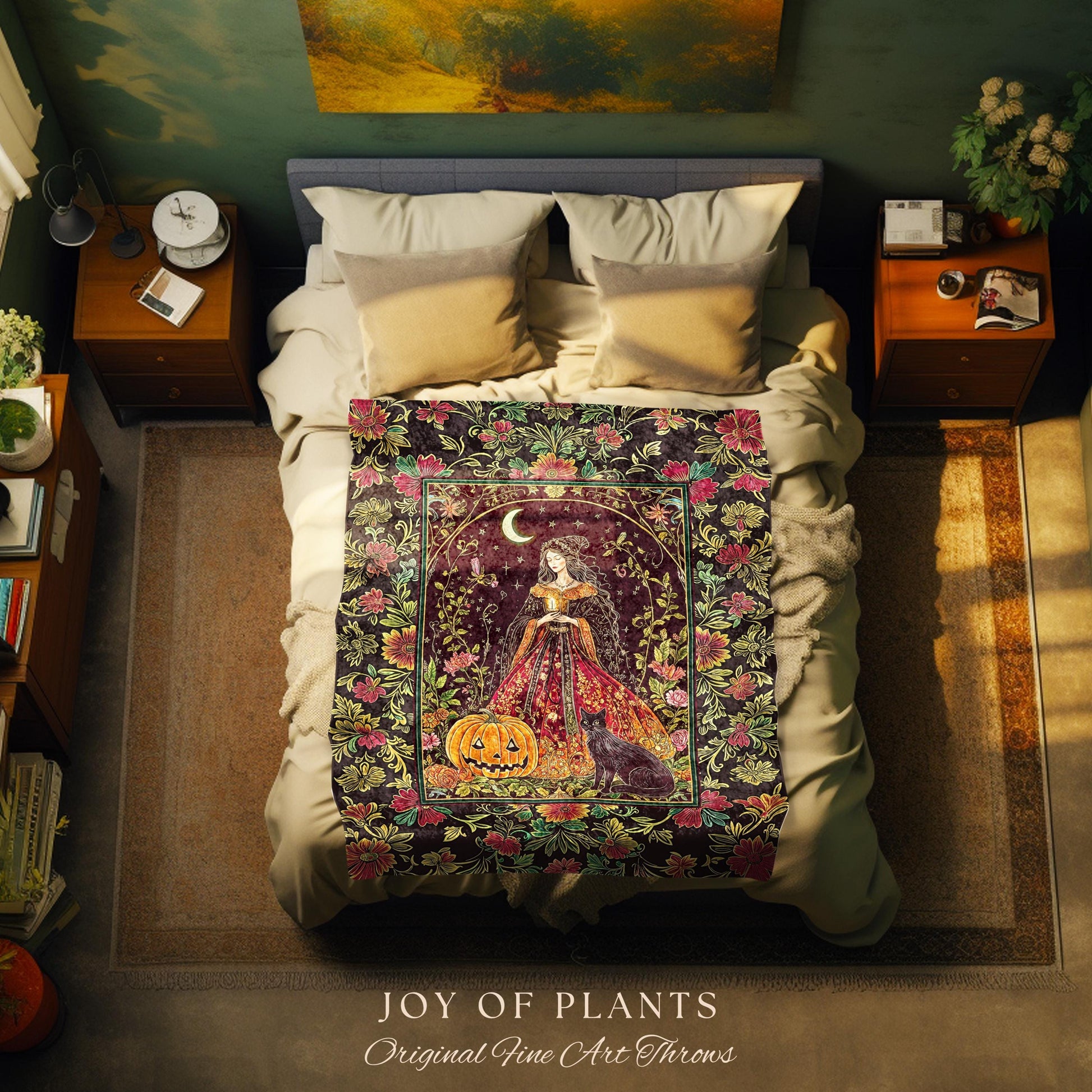 Classic Halloween Aesthetic Witch Blanket | Cozy Black Cat Whimsical Decor Celestial Magic Fall Woven Wall Tapestry Enchanted Jack-O-Lantern