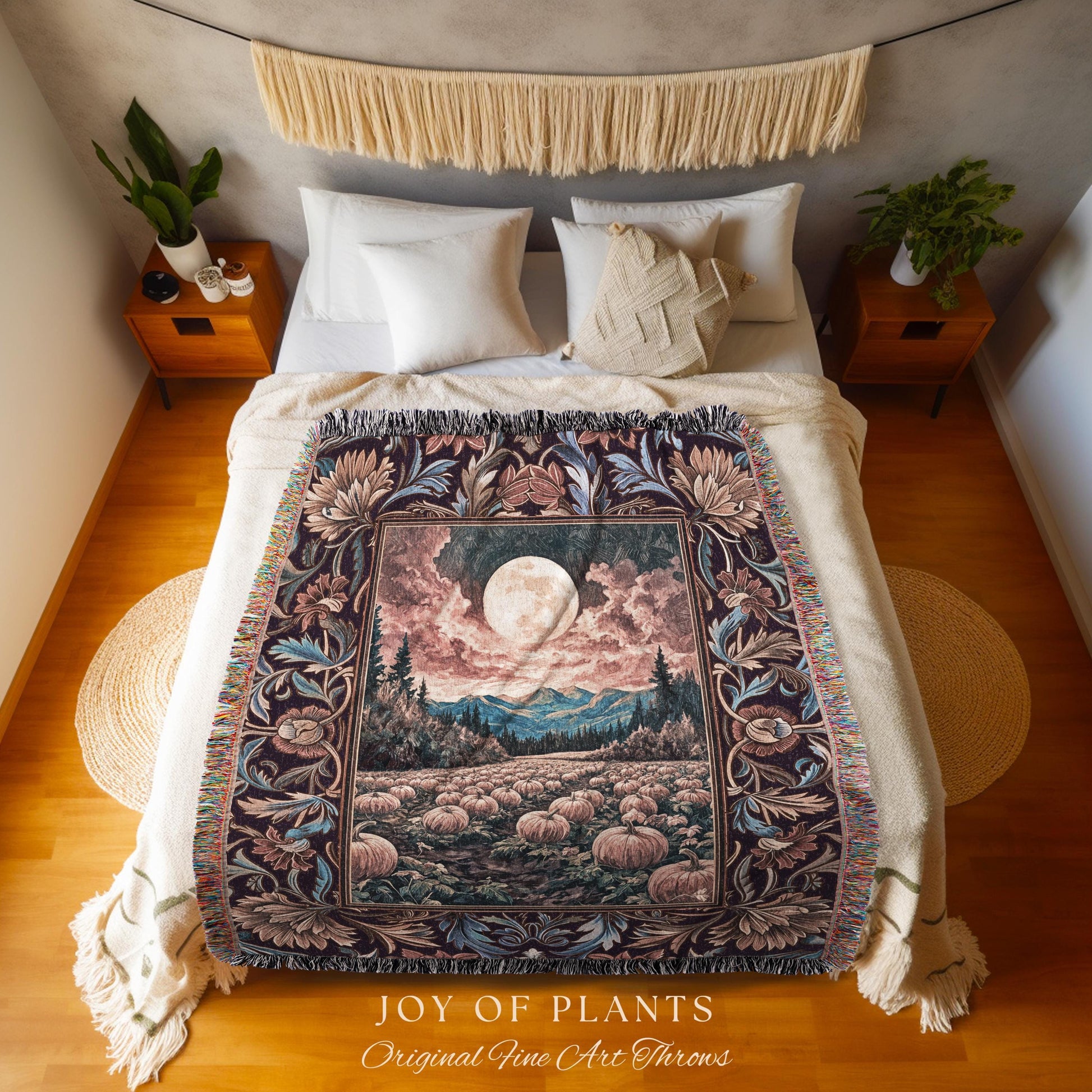Lunar Night Sky Fall Pumpkin Blanket | Autumn Aesthetic Rustic Woven Tapestry Dark Academia Decor Cute Spooky Halloween Vibes Eclectic Style