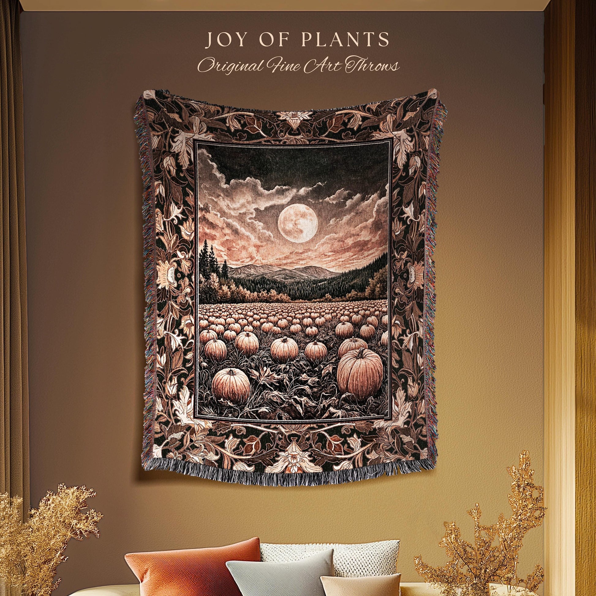 Full Moon Cozy Whimsical Throw Blanket | Earthy Autumn Decor Dark Academia Vibe Gothiccore Aesthetic Fall Accent Tapestry Rustic Halloween |