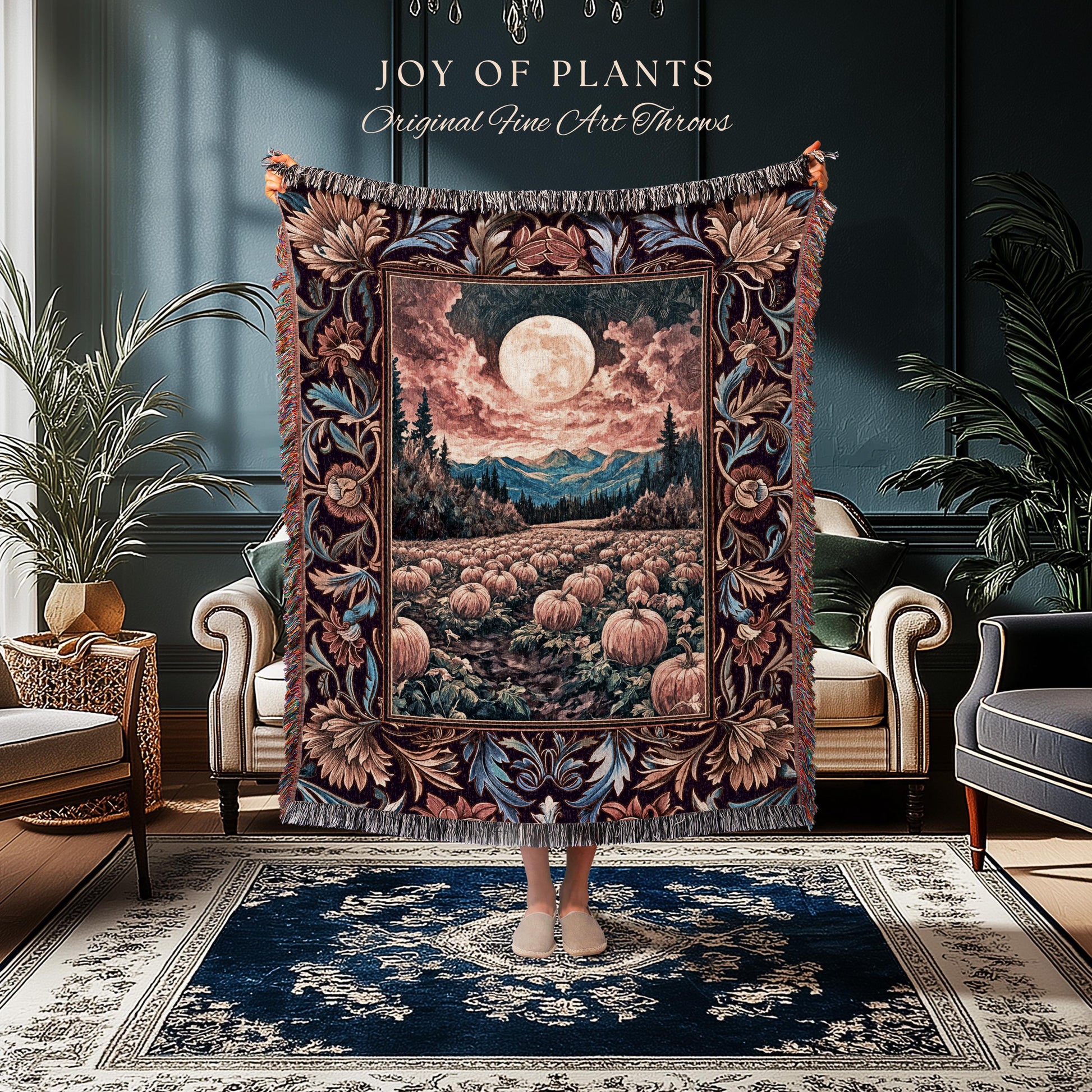 Lunar Night Sky Fall Pumpkin Blanket | Autumn Aesthetic Rustic Woven Tapestry Dark Academia Decor Cute Spooky Halloween Vibes Eclectic Style