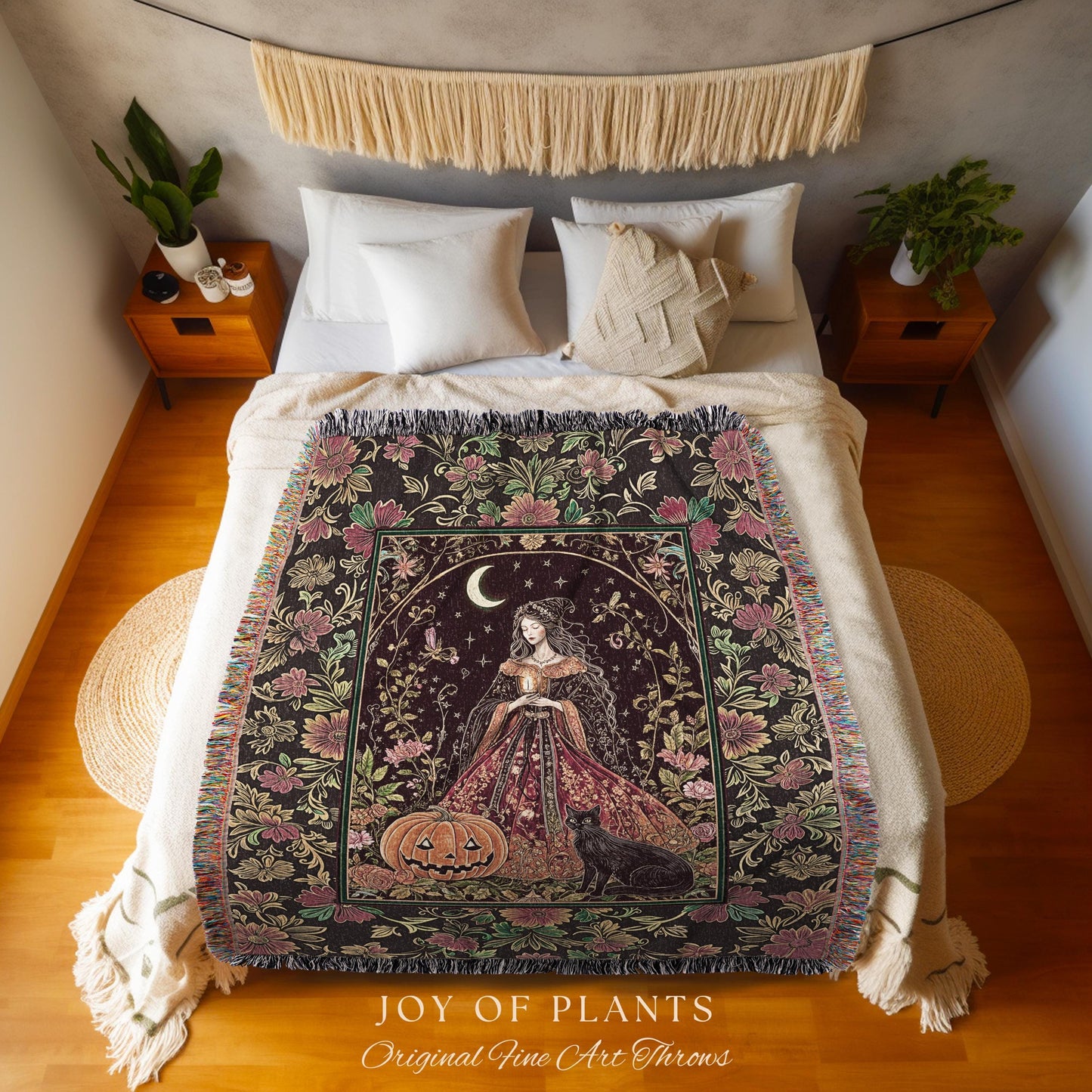 Classic Halloween Aesthetic Witch Blanket | Cozy Black Cat Whimsical Decor Celestial Magic Fall Woven Wall Tapestry Enchanted Jack-O-Lantern