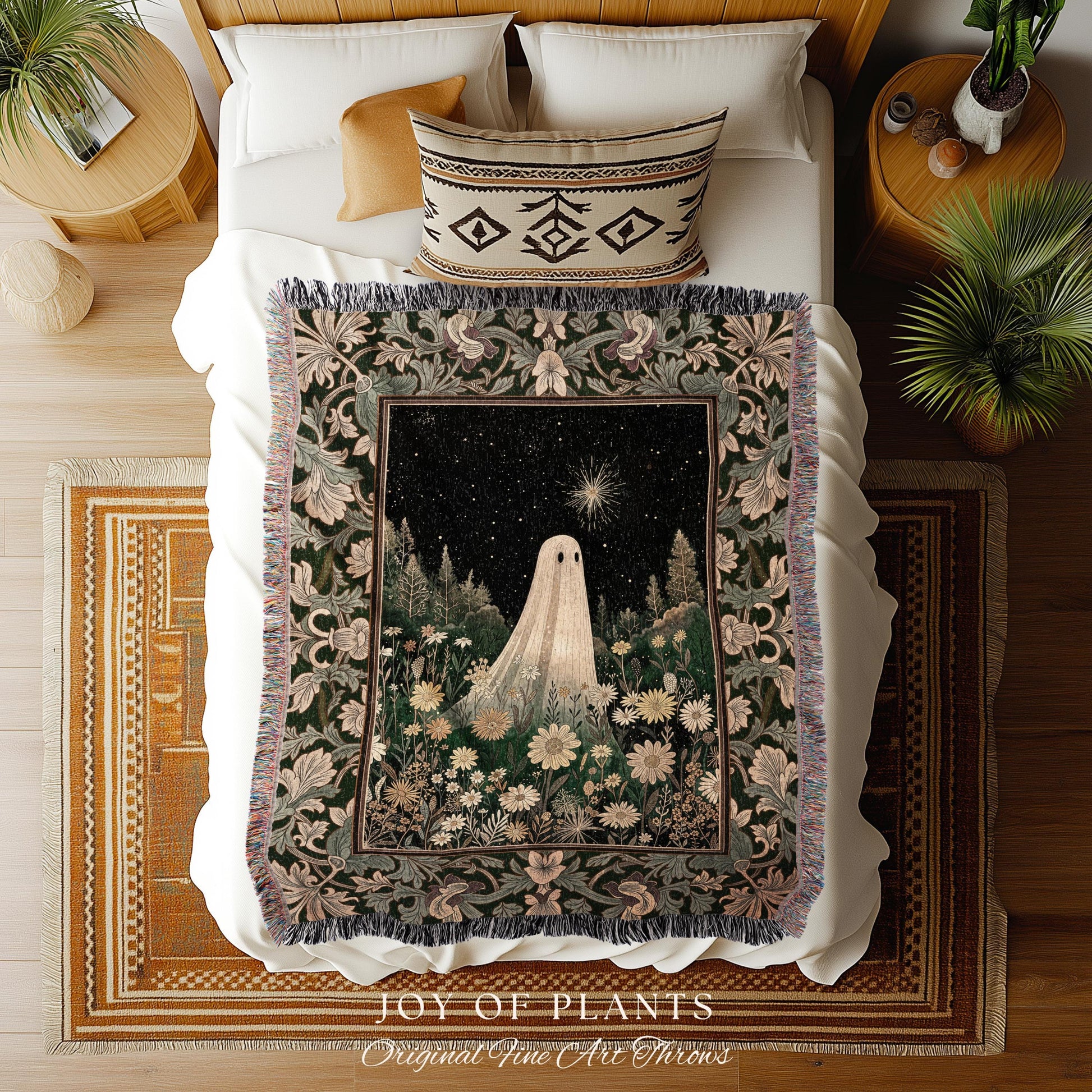 Starlight Whimsical Ghost Blanket | Retro Halloween Tapestry Fall Decorating Indoor Dark Academia Floral Decor Botanical Witchy Cozy Cute |